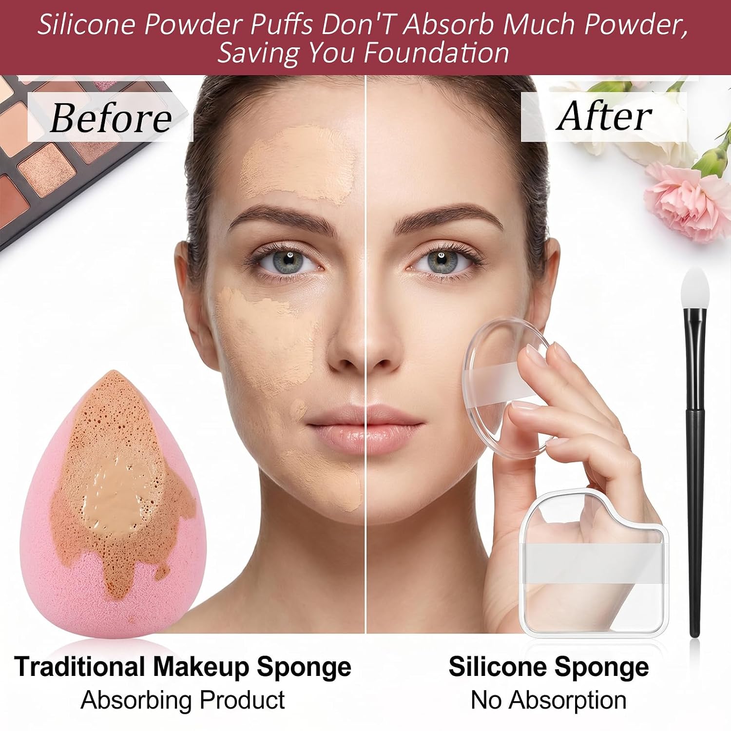 3Pcs Silicone Makeup Applicator with Makeup Brush, Clear & Non-Absorbent | Jelly Cosmetic Applicator Washable Silicone Cosmetic Sponge Reusable Foundation Applicator for Foundation, Concealer, Blush