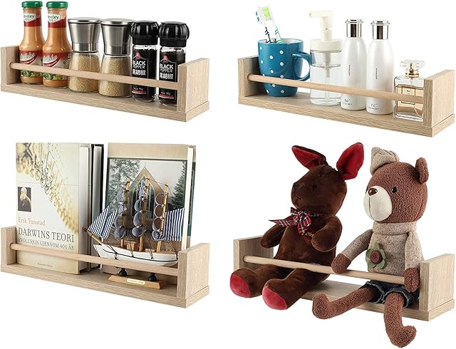 EasyPAG Pack of 4 Wood Nursery Versatile Floating Shelves,Wall Mounted Spice Rack,Book Organiser,Decoration Holder,Display Shelf for Bedroom,Living Room,Bathroom,Natural