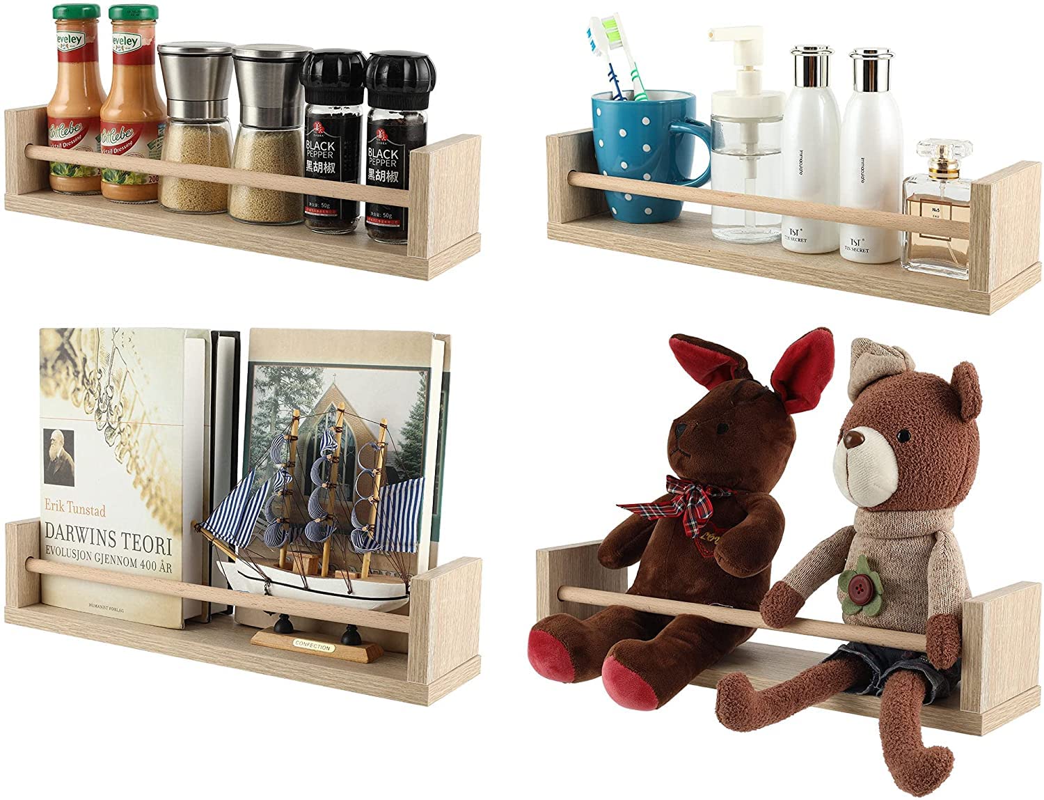 EasyPAG Paquete de 4 estantes flotantes versátiles de madera para guardería, estante de especias montado en la pared, organizador de libros, soporte de decoración, estante de exhibición para
