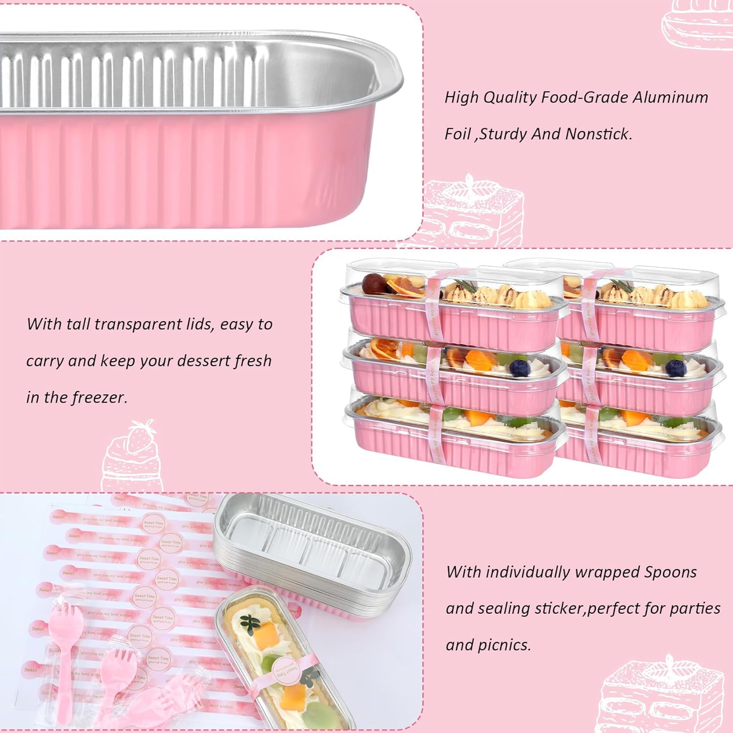 Mini Loaf Pans with Lids and Spoons (100 Pack, Pink, 6.8oz) Rectangular Aluminum Foil Baking Pans - Image 3