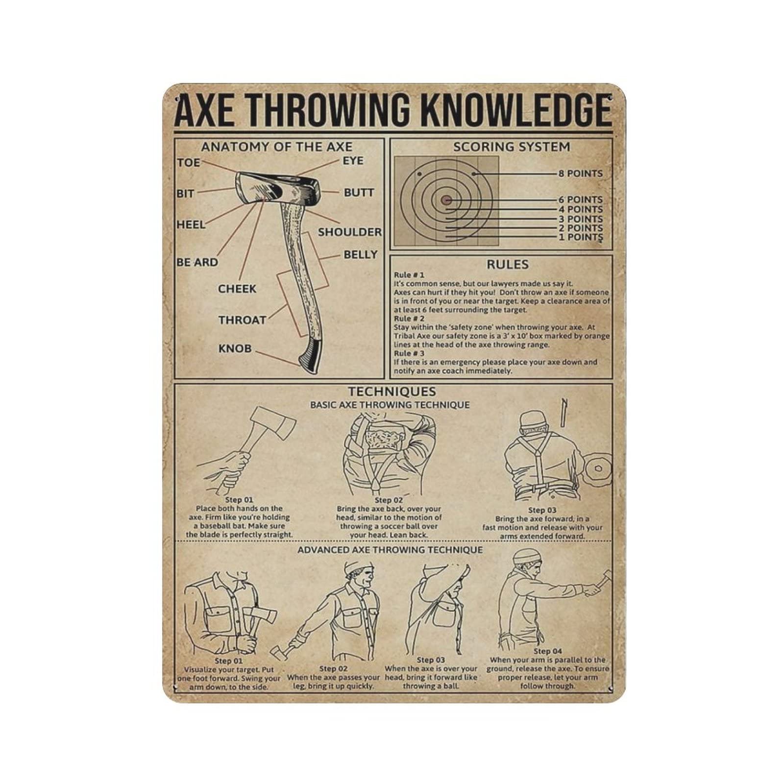AOOEDM Axe Throwing Knowledge Metal Tin Signs for Man Cave Funny Art Wall Plaque Kitchen Bar Sign Coffee Shop Garage Wall Decor Hanging Decor