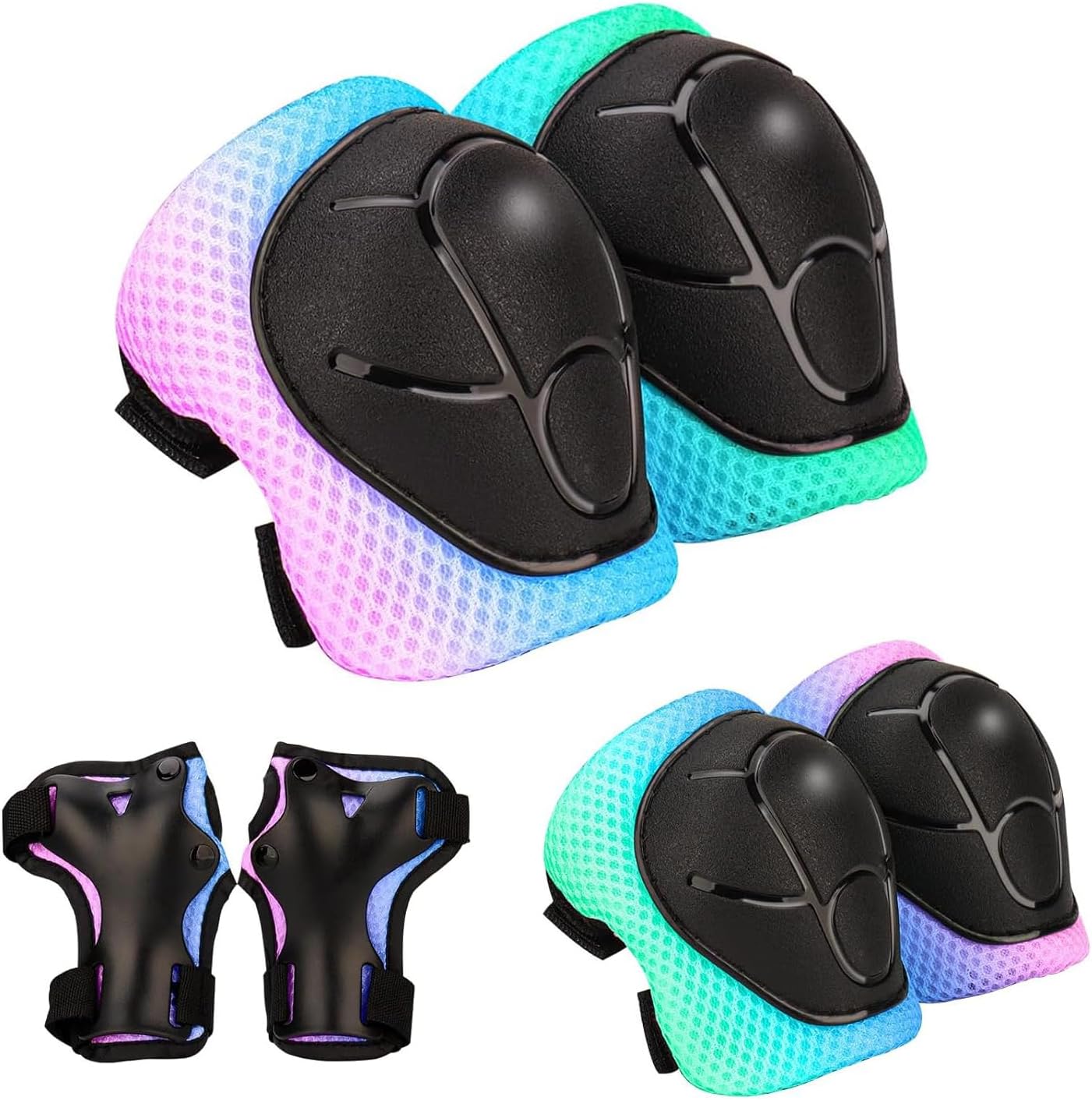 Kids Protective Gear Set - Knee Pads Elbow Pads with Wrist Guards for Ages 3-12 | 3-in-1 Safety Protective Gear for Skating, Cycling, Biking, Roller Skates, Scooters (Cyan Blue Pink, M(8-12Years))