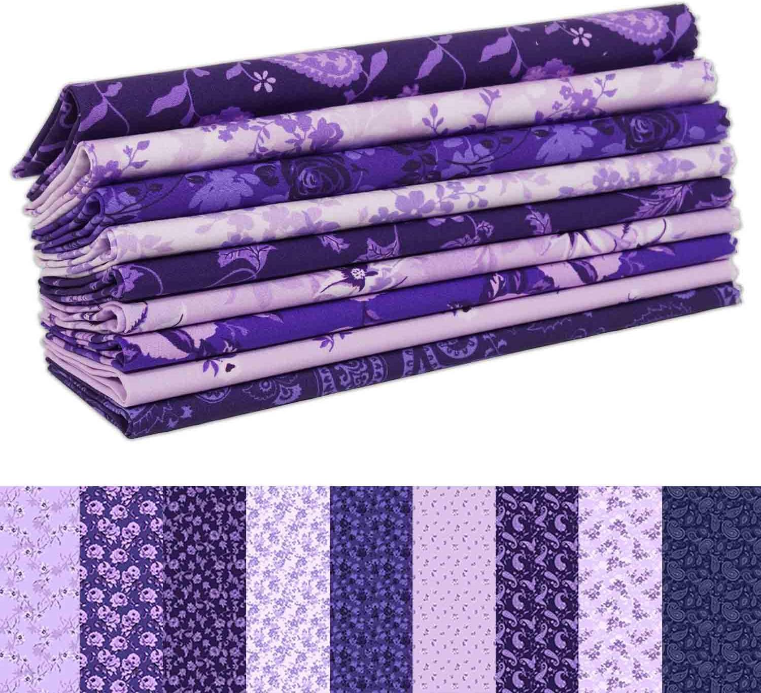 9Pcs Fat Quarter Bundle 100% Cotton Fabric for Quilting Patchwork Cushions Cotton Fabric for Patchwork, DIY Making Supplies Sewing Project, 18" x 22" - Purple Paisley Blooms