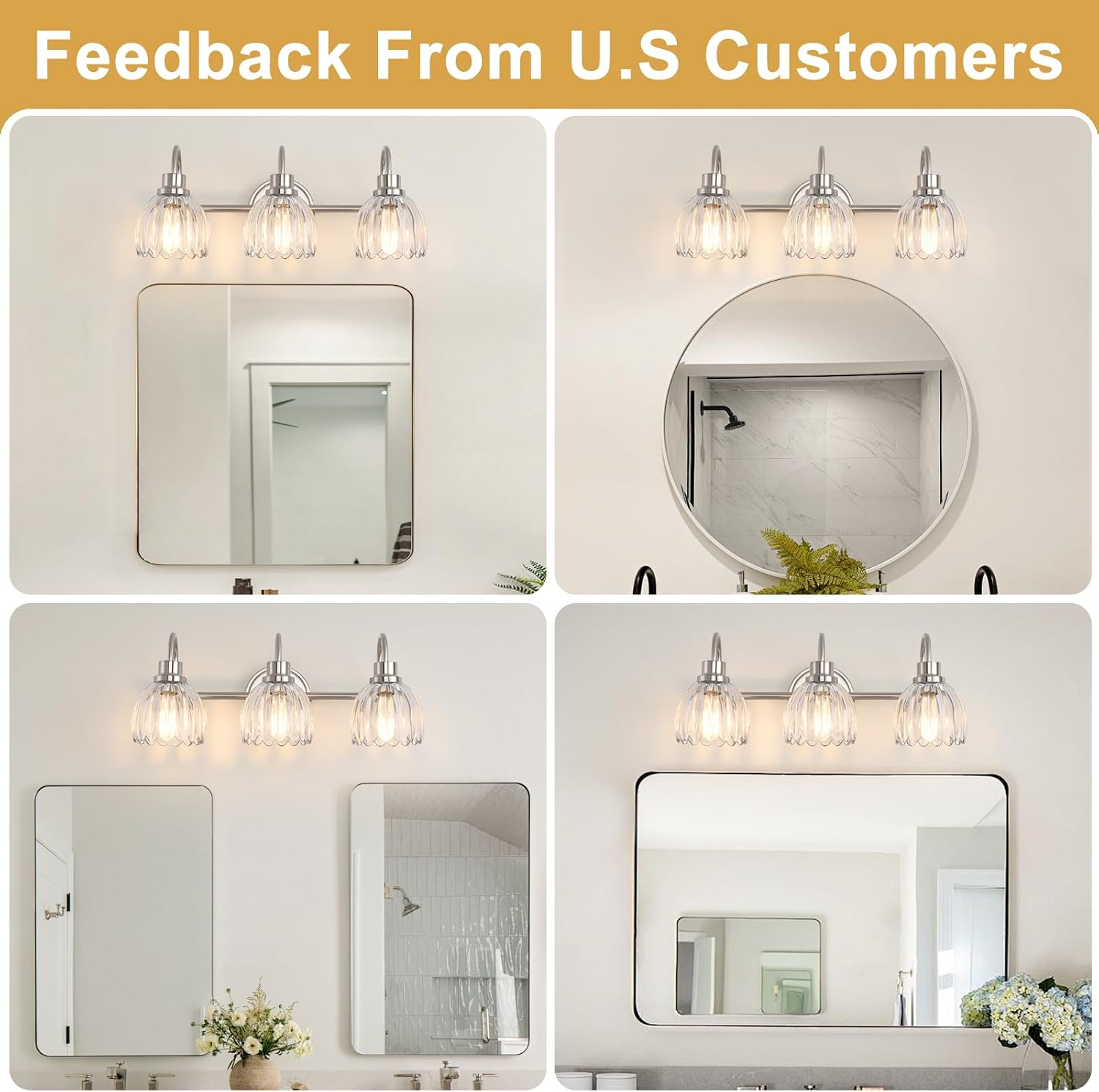 Bathroom Light Fixtures (3-Light, 20 Inch), Brushed Nickel Vanity Lights for Bathroom with Ribbed Clear Tulip Glass Shade, Vintage Vanity Wall Lights for Mirror Bedroom Living Room Hallway