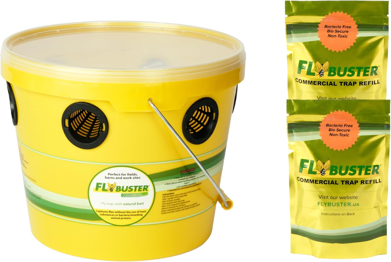 Flybuster Fly Trap | Outdoor Device for Catching Flies | 10-Liter Commercial Size | Comes with One Flytrap and 2 Bait Packets | 2,000,000 Fly Capacity | Non-Toxic | Child & Pet Safe