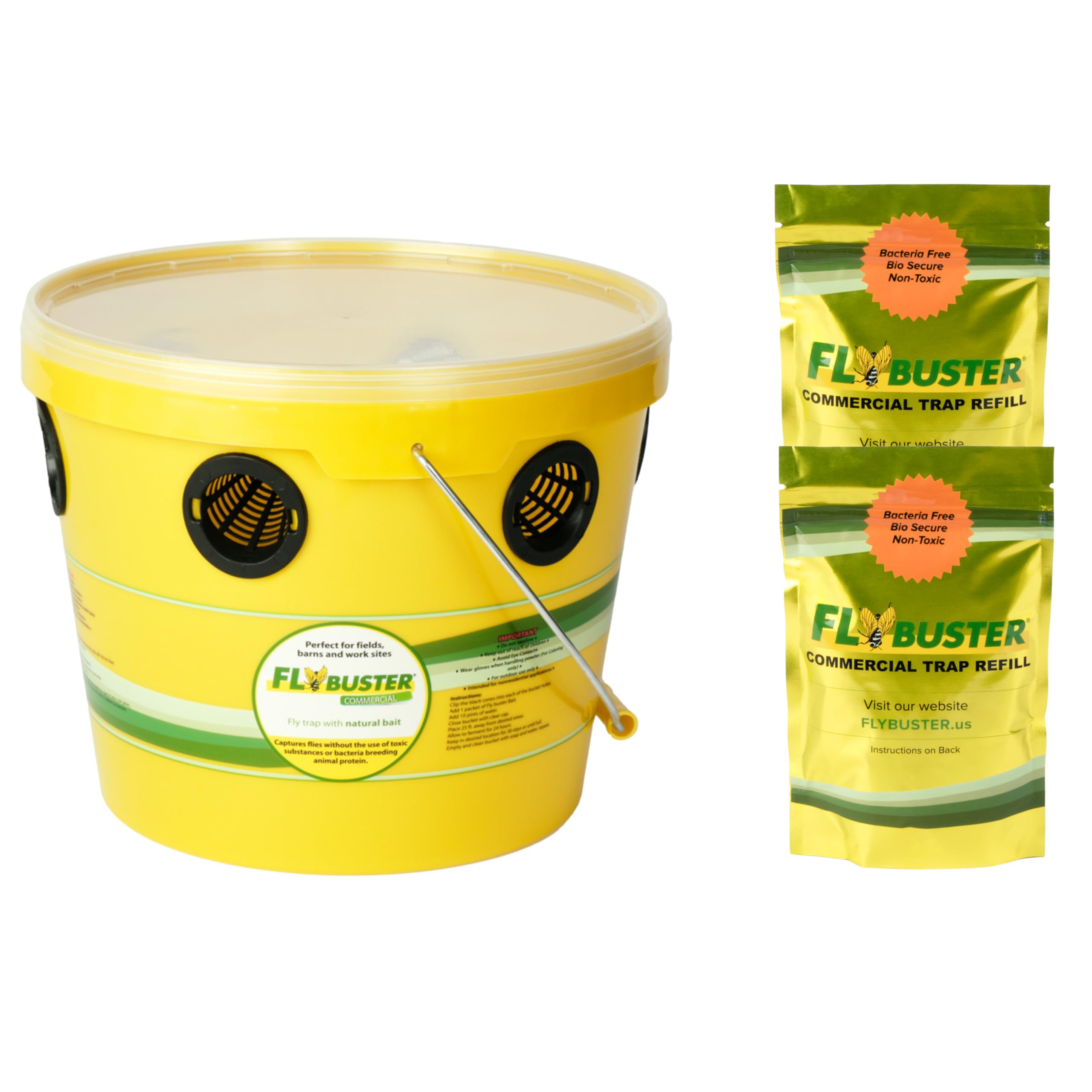 Flybuster Fly Trap | Outdoor Device for Catching Flies | 10-Liter Commercial Size | Comes with One Flytrap and 2 Bait Packets | 2,000,000 Fly Capacity | Non-Toxic | Child & Pet Safe