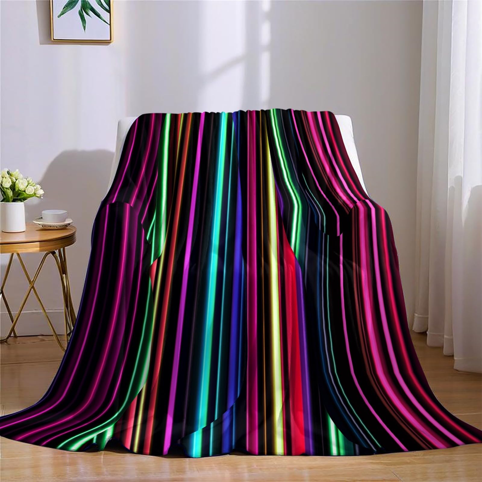 Couverture Polaire Rayures néon 220x240 cm Plaid Flanelle Super Doux et Chaud, Léger et Confortable, Jeté de Canapé, Couverture Voyage Enfant et Adulte, Noir