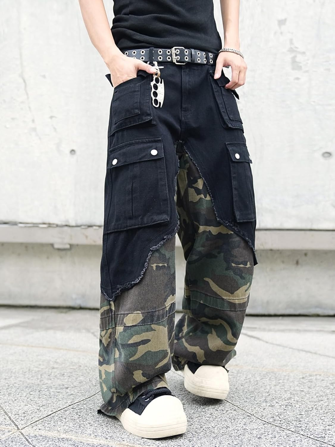 Mens Goth Baggy Cargo Jeans with Pockets Steampunk Patchwork Embroidery Wide Leg Denim Pants - Image 4