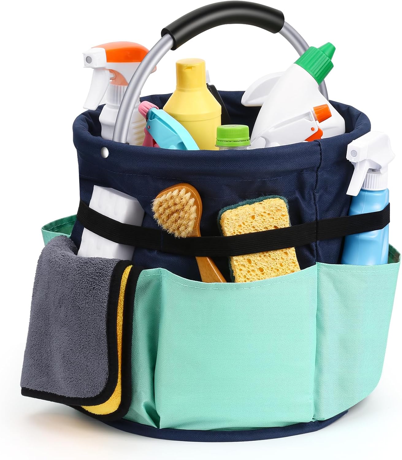 17L Cleaning Supply Caddy with Handle for Cleaning Supplies Organizer | Portable Foldable Storage Bucket|6 Pockets|600D Oxford| Anti-Fall Elastic Straps for Home,Garden,Camping|Blue