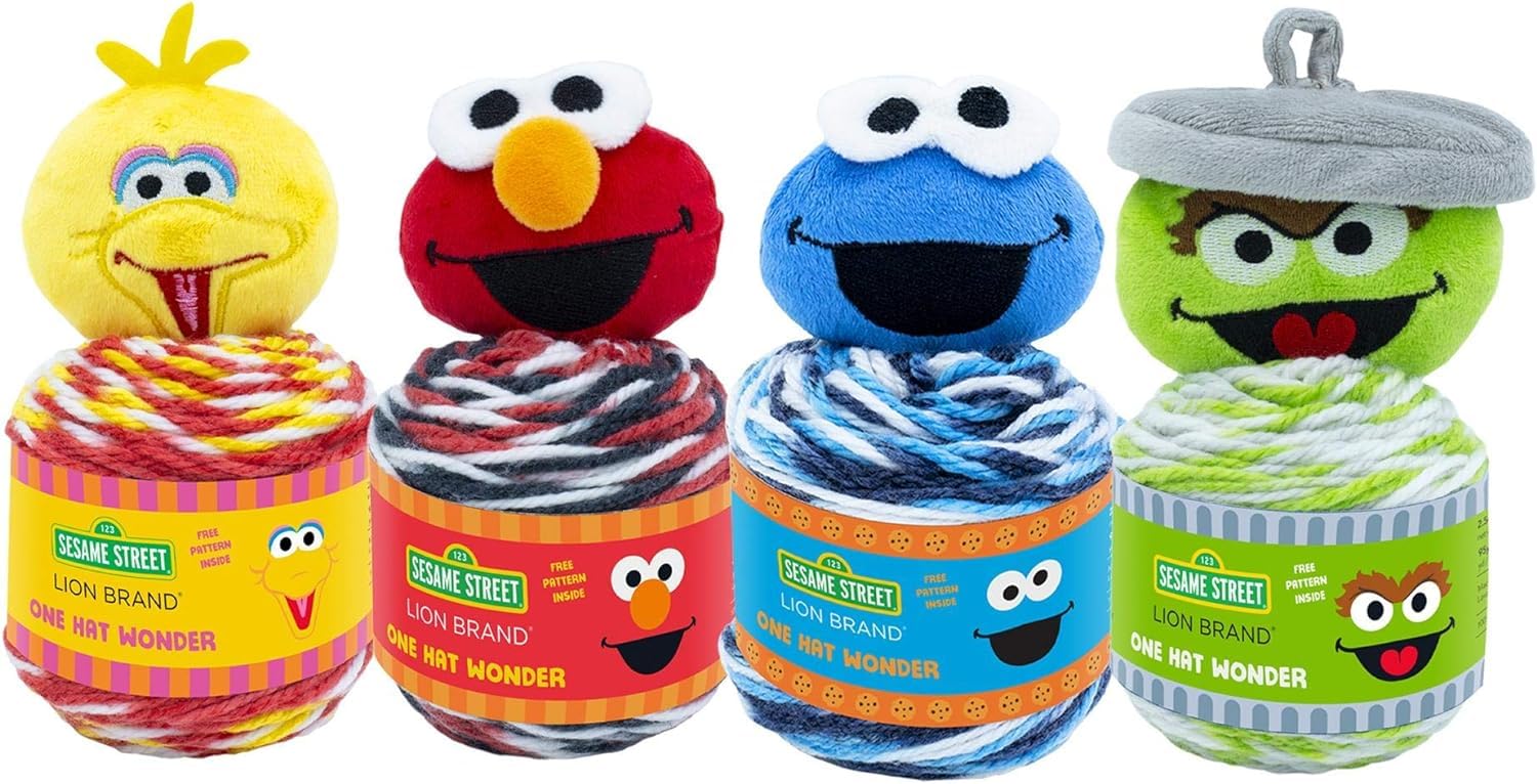 Lion Brand Yarn(4 Pack) Lion Brand Yarn Sesame Street- One Hat Wonder - Big Bird, Elmo, Cookie Monster, Oscar