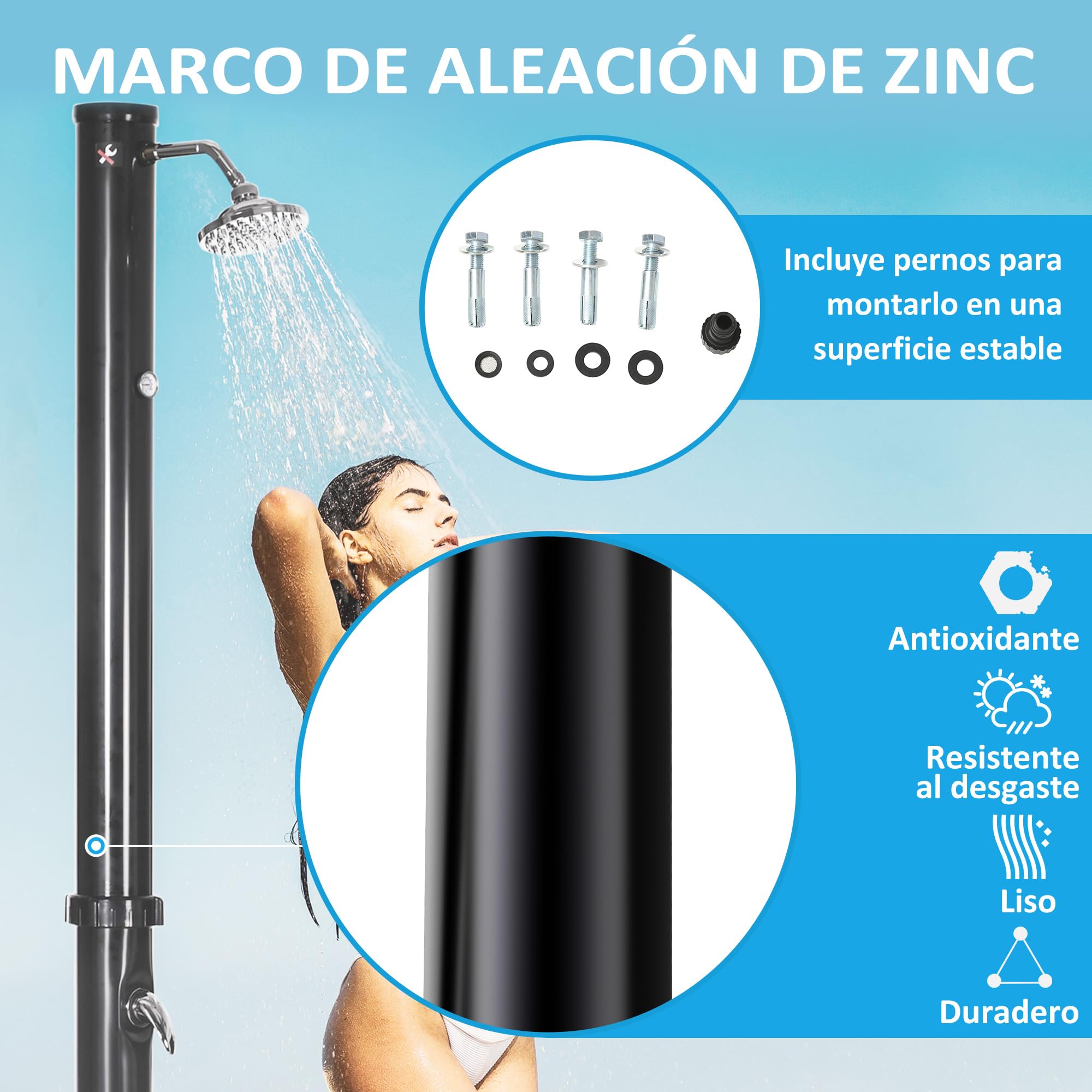 Outsunny Ducha Solar de Jardín 20L Ducha Exterior con Cabezal de Ducha Redondo Grifo Agua Caliente Máx. 60℃ y Ducha para Pies para Piscina Patio Playa 15,5x15,5x222 cm Negro