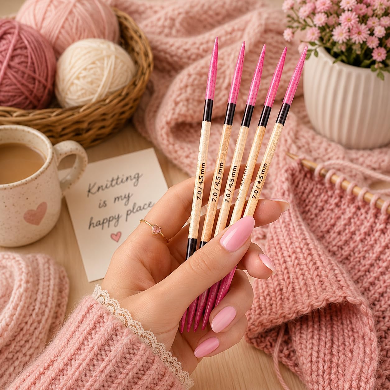 Double Pointed Knitting Needles Set, Maple Wood DPNs, 4mm, 4.5mm, 5mm, Multicolor, 15 Pack