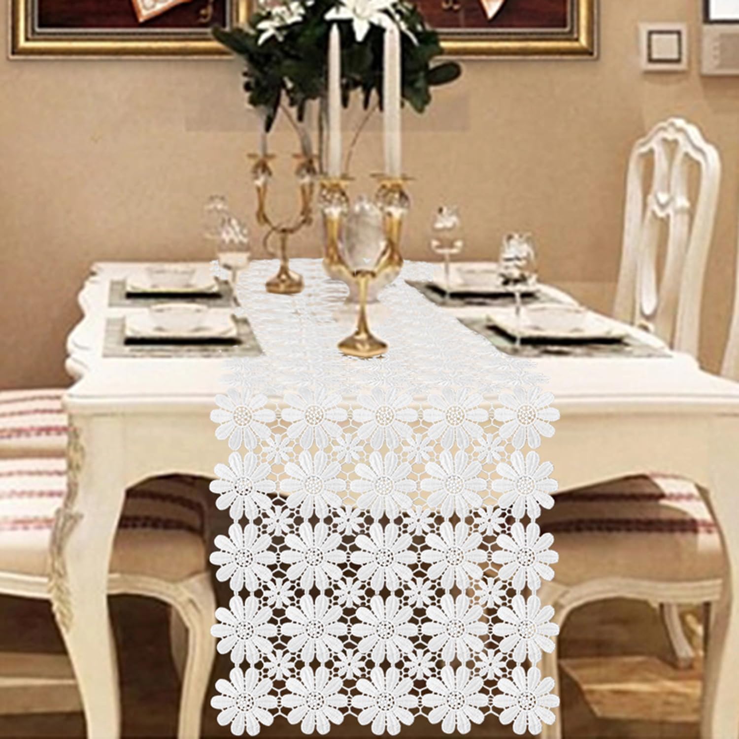 VIJIV Macrame Table Runner 108 Inches Long for Boho Wedding Decor, White Crochet Doilies Dresser Scarf Lace Farmhouse Table Runner for Tea Party Dining Table Centerpiece Decor Coffee Table Decorations