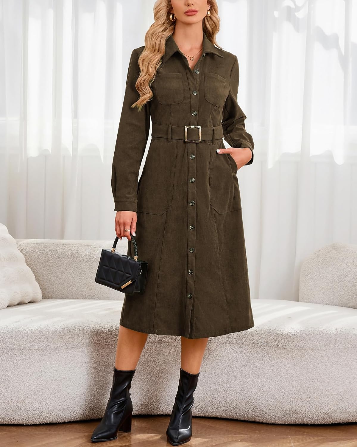 Women's Corduroy Midi Dress Long Sleeve Belted Button Down Shirt Long Dress with Pockets - Image 2