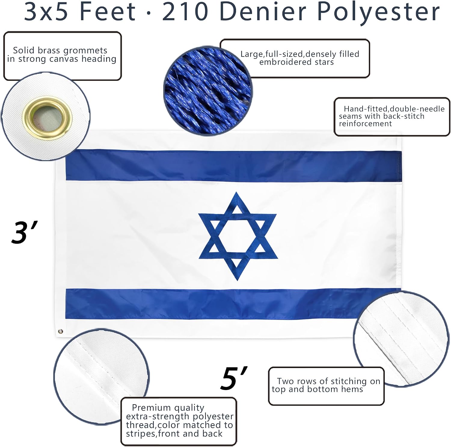 Anley EverStrong Series Israel Flag 3x5 Foot Heavy Duty - Embroidered and Sewn Stripes - 4 Rows of Lock Stitching - Israeli National Flags with Brass Grommets 3 X 5 Ft