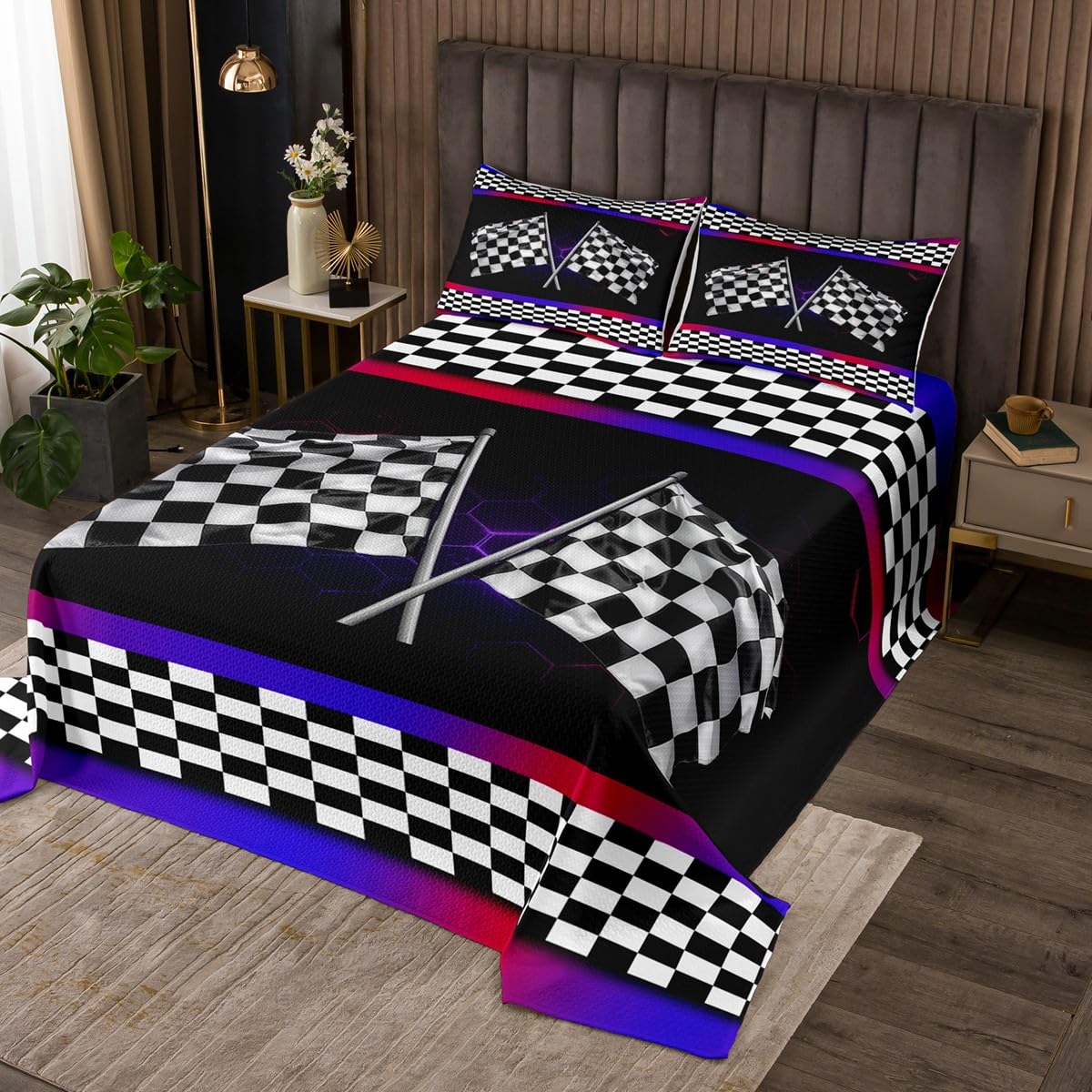 Manfei Race Car Flag Kids Bedspread Twin Size,Geometric Checkered Patchwork Coverlet Set,Boys Girls Room Decor,Extreme Racing Sports Games Quilted Coverlet,Red Blue Bedding Quilt,1 Pillowcase