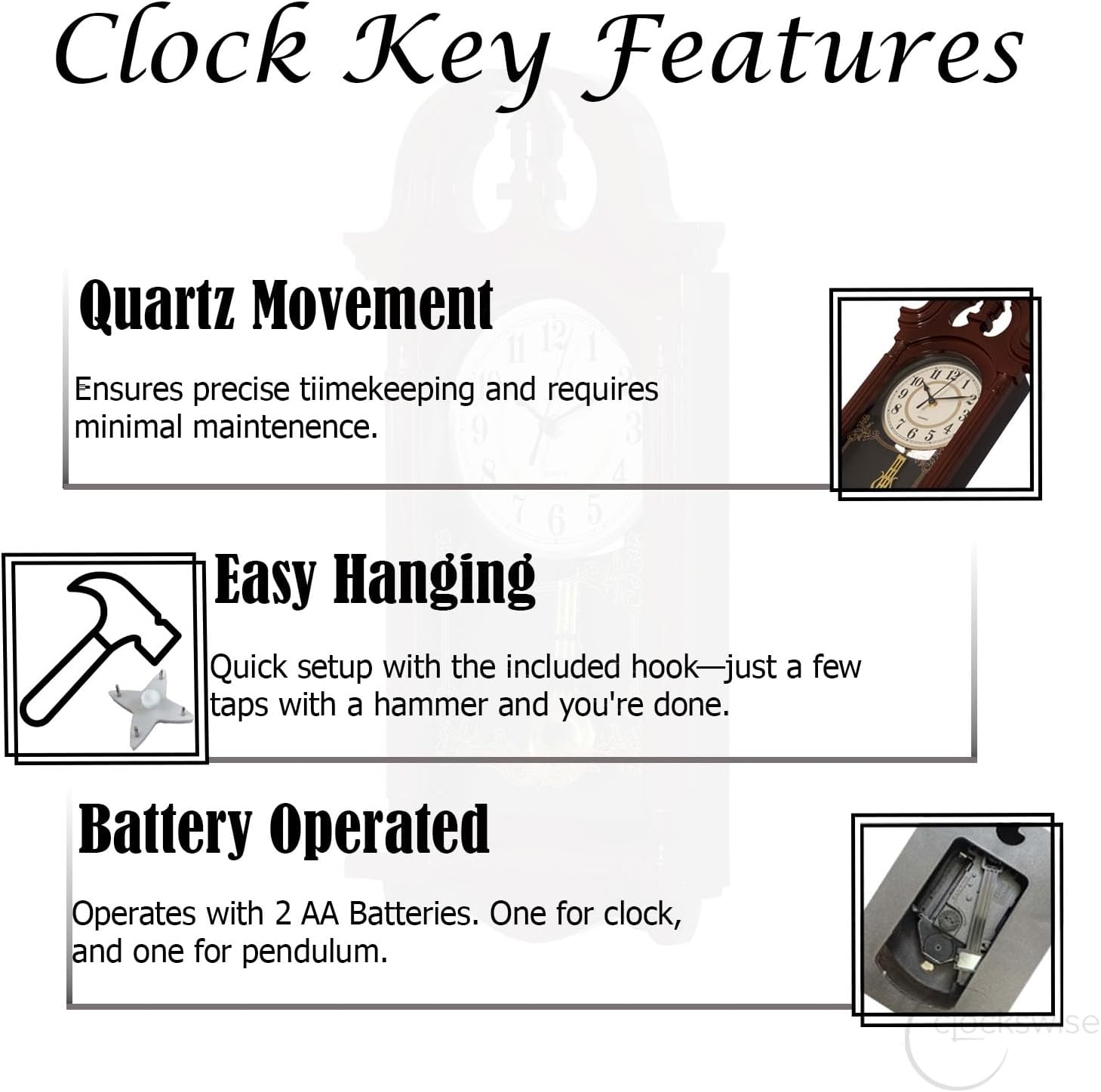 Clockswise Vintage Grandfather-Style Wall Clock with Wood-Effect Plastic Pendulum Battery-Operated for Home Decor Living Room Home Office Kitchen or Dining Room White, 16 Inch (Brown, 20 Inch)