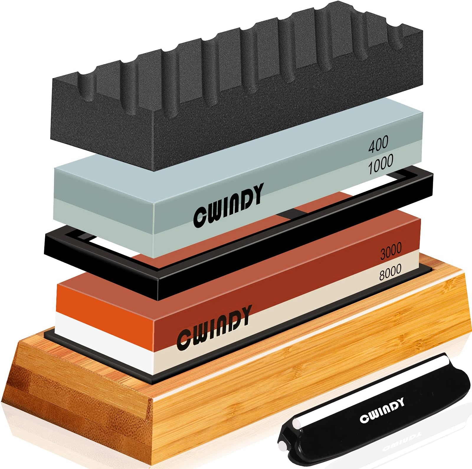 Whetstone Sharpening Stone Kit Dual Sided 400/1000 & 3000/8000 Grit Professional Whetstone knife Sharpener Stone Wet Stone Set Nonslip Wood Base Angle Guide, and Flattening Stone
