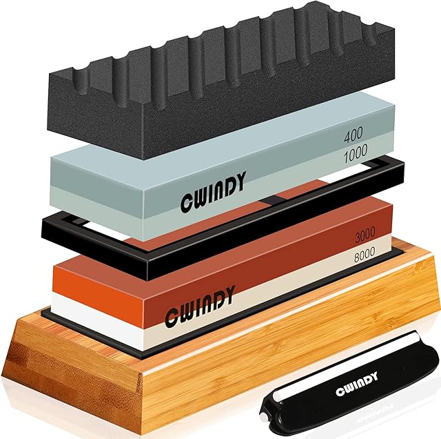 Whetstone Sharpening Stone Kit Dual Sided 400/1000 & 3000/8000 Grit Professional Whetstone Knife Sharpener Stone Wet Stone Set Nonslip Bamboo Base Angle Guide, and Flattening Stone