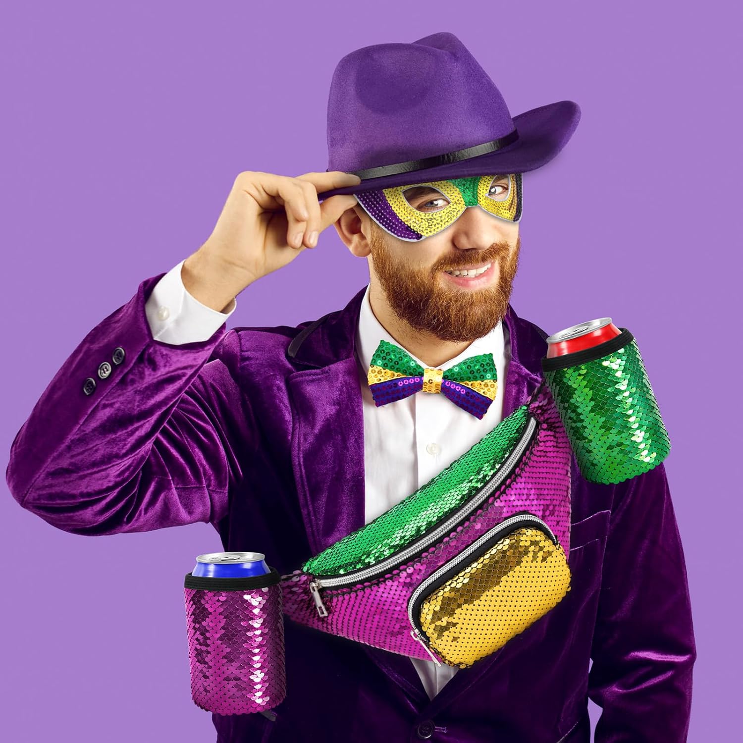NOVWANG Mardi Gras Costume Set for Men, Mardi Gras Outfit Accessories Sequin Fanny Pack, Mask, Suspenders, Bow Tie and 3 Necklaces (Purple, Green, Gold) - Image 2