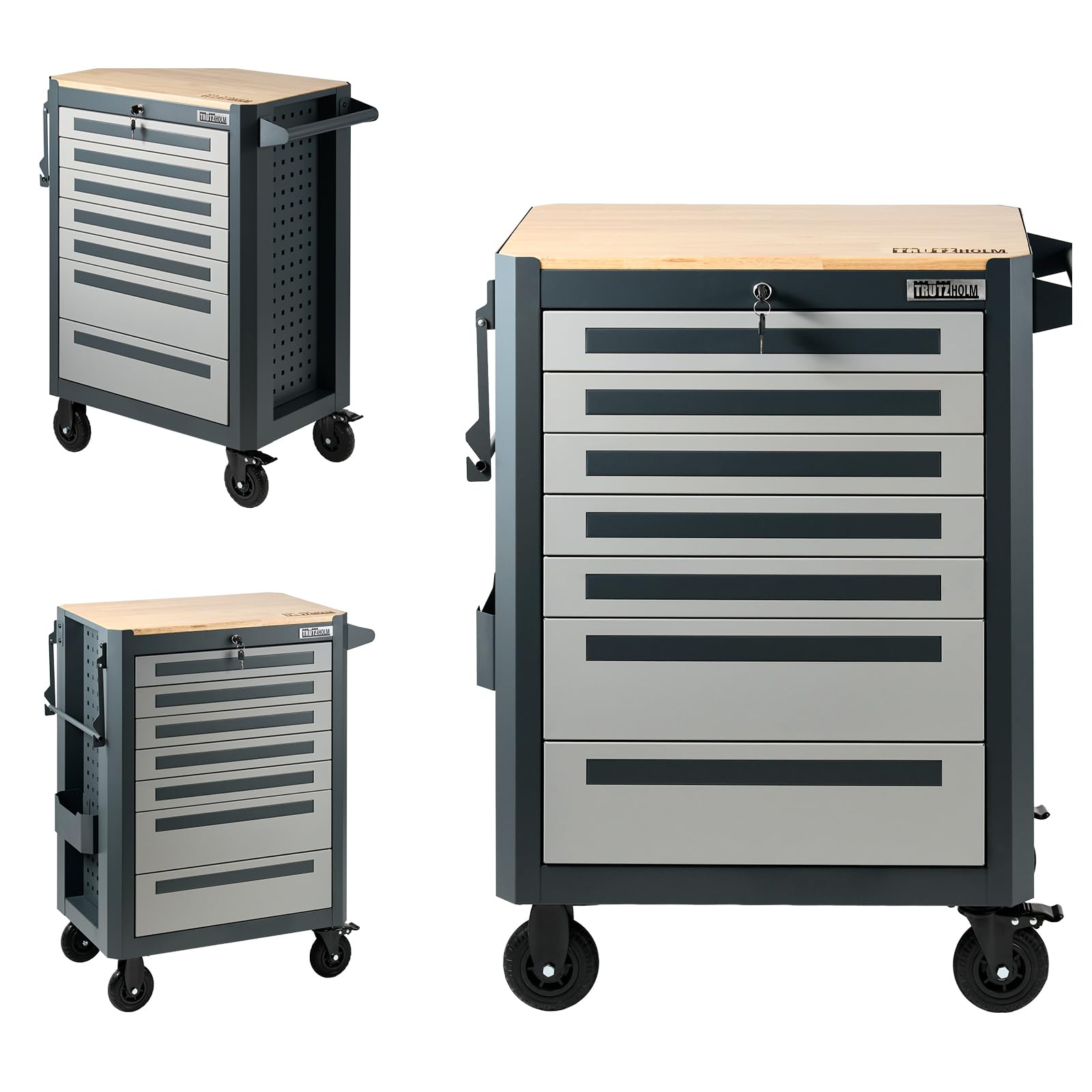 TRUTZHOLM Werkstattwagen 99x82 cm Werkzeugwagen leer mit 7 Schubladen, Holzarbeitsplatte, rollbar, Werkzeugschrank mit Rollen, Papierrollenhalter, Steckfach, Anthrazit Grau