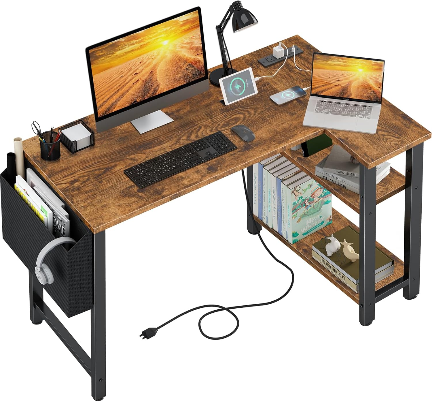 Lufeiya Small L Shaped Desk with Power Outlet Shelves, 40 Inch Reversible Corner Desk for Small Space Home Office, L-Shaped Computer Desk PC Desks with Charging Station, Rustic Brown Rustic Brown 39.4"