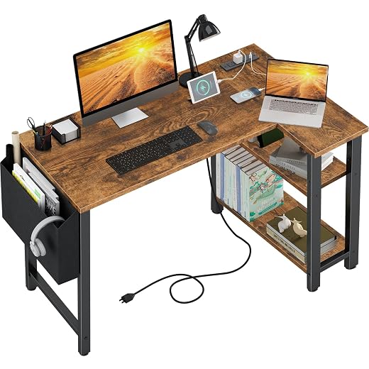 Lufeiya Small L Shaped Desk with Power Outlet Shelves, 40 Inch Corner Desk for Small Space Home Office, L-Shaped Computer Desk PC Desks with Charging Station, Rustic Brown