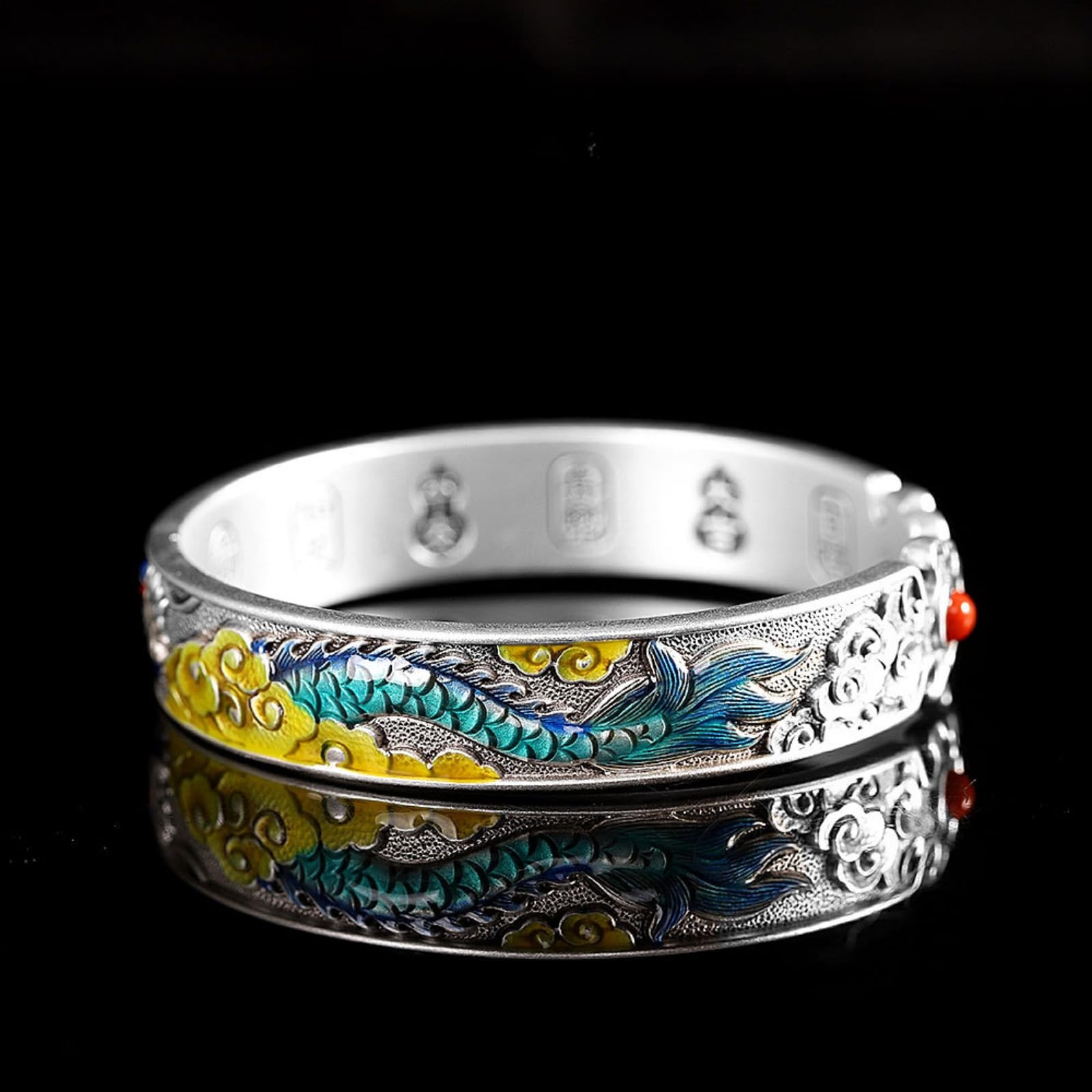 Braccialetti d'argento, braccialetti vintage, Bracciale rigido aperto di buon auspicio in argento sterling 999 da donna, smaltato, artigianato tradizionale, accessorio perfetto for appuntamento, compl