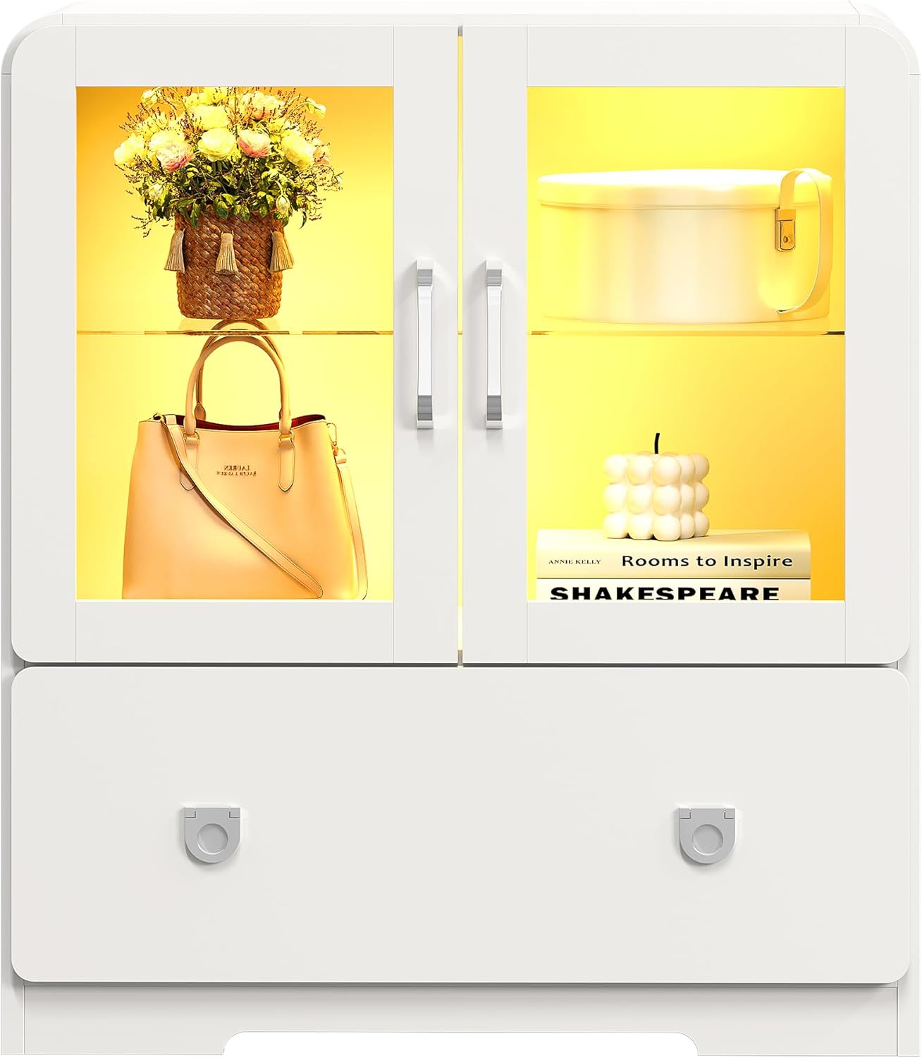 RoyalCraft White Display Cabinet with Acrylic Doors, 27'' Tall Curio Cabinet with LED Lights, Modern Storage Cabinet with Drawers & Adjustable Shelves, Ideal for Living Room, Child's Room