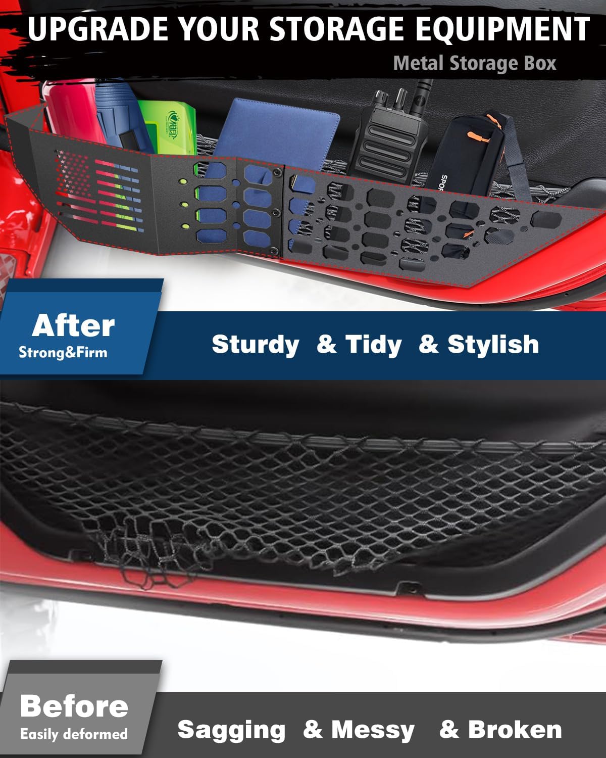 Metal Front Door Storage Box for Jeep Wrangler JL JLU 4XE 2018-2024 Jeep Gladiator JT 2020-2024 Metal Door Net Pocket Replacement Jeep Wrangler Accessories 2PCS