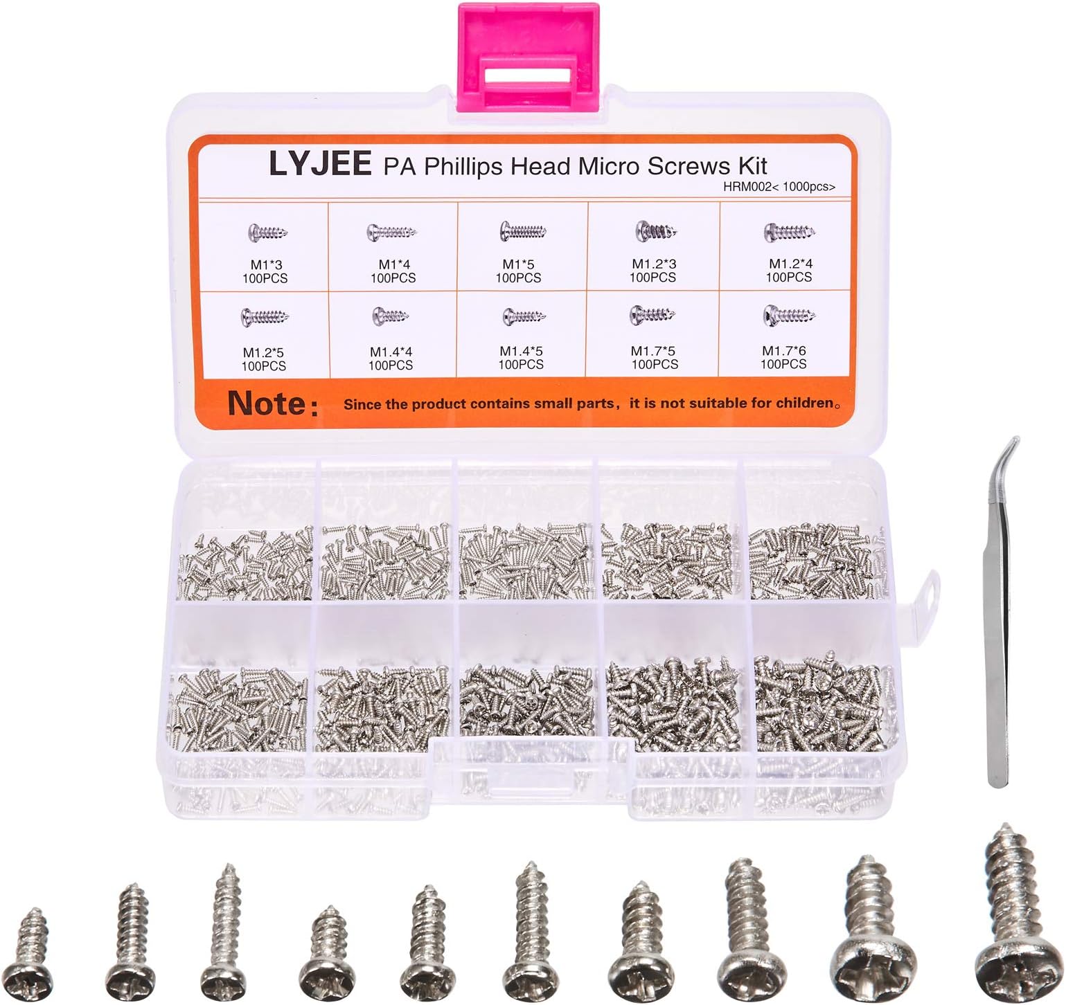 1000Pcs mini Screw kit M1 M1.2 M1.4 M1.7 Phillips pan Head Micro Screws Self-Tapping Electronic Small Metric Screw PA Nickel-Plated