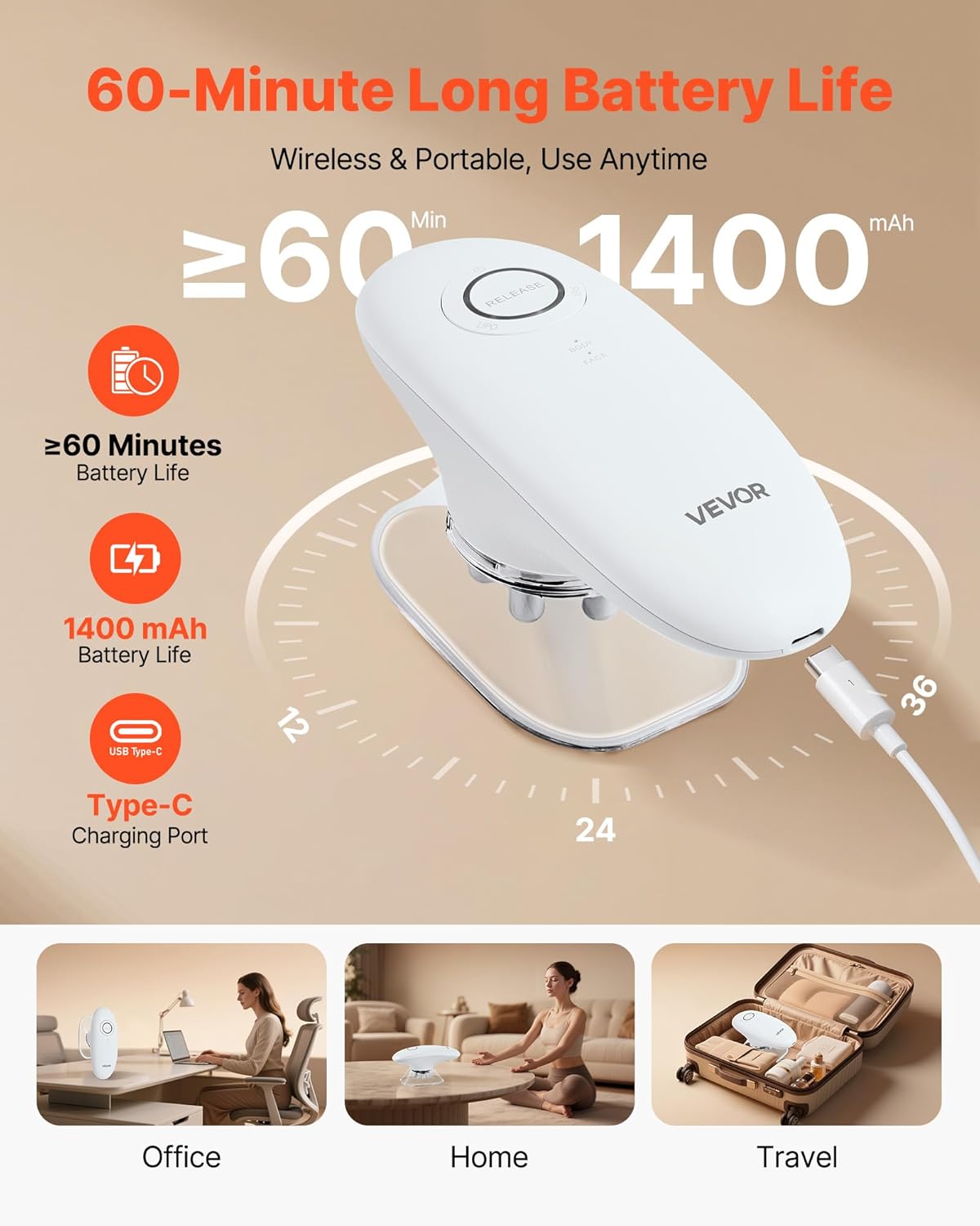 VEVOR Body Sculpting Machine, 3-in-1 Electric Cellulite Massager with 3 Adjustable Functional Modes, Skin Tightening Cupping Therapy Tool with 60 Min Wireless Use, for Back, Belly, Waist, Arms, Legs