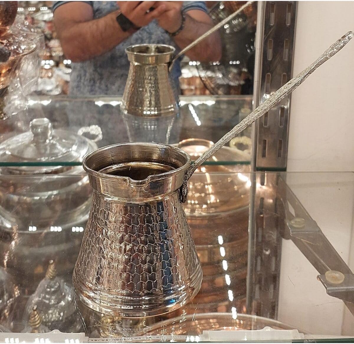 SODEF Turkish Coffee Pot Copper Coffee Cup Set 5 Person Stovetop Coffee Maker Silver Finish refined Design for Home Use - Silver, One Size