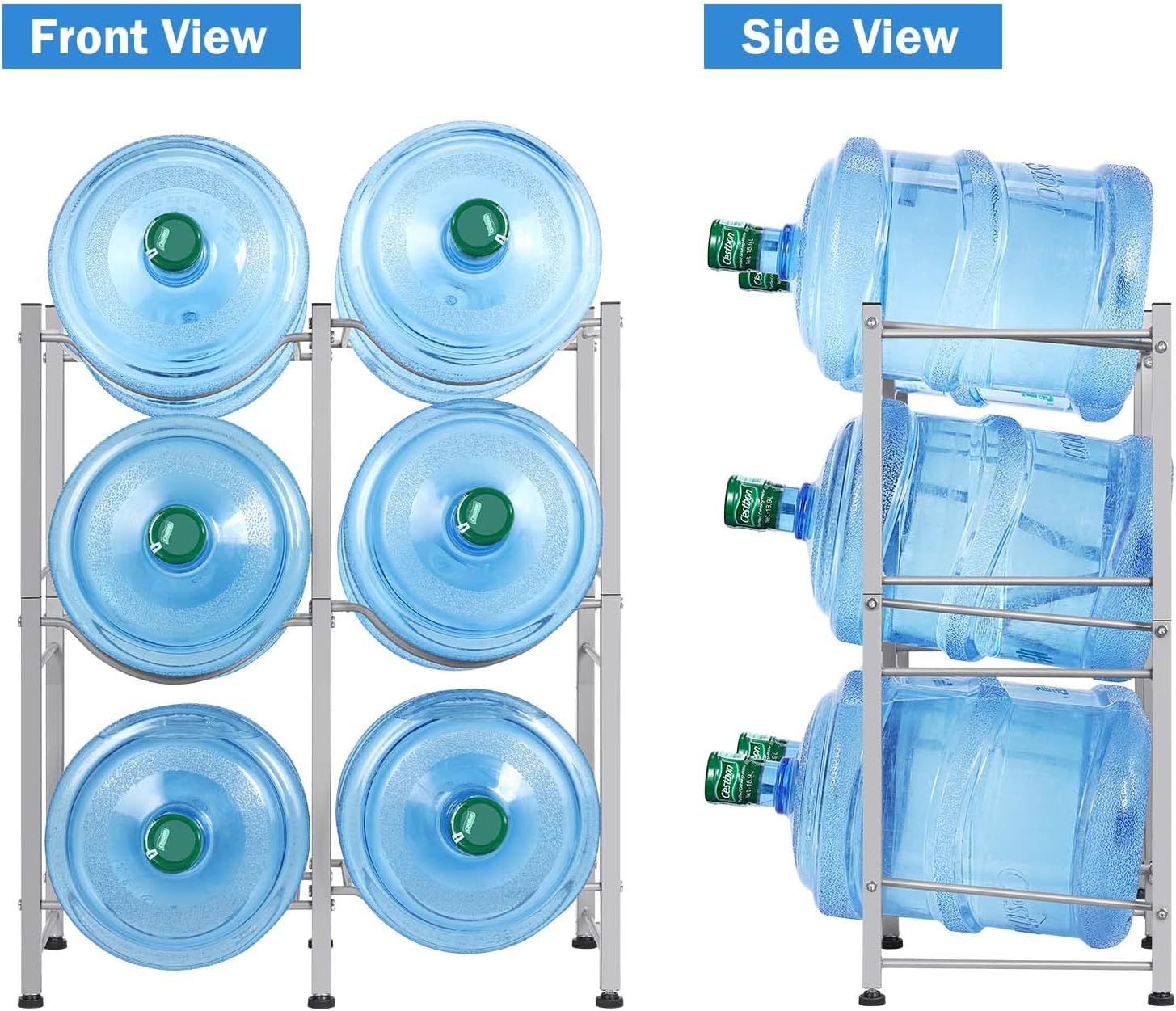 LIANTRAL 3-Tier Utility Microwave Bar Coffee Cart Kitchen Storage Shelf and Tier Silver Double Row Heavy Duty Cooler Jug Rack with 6 Slots for Home Kitchen