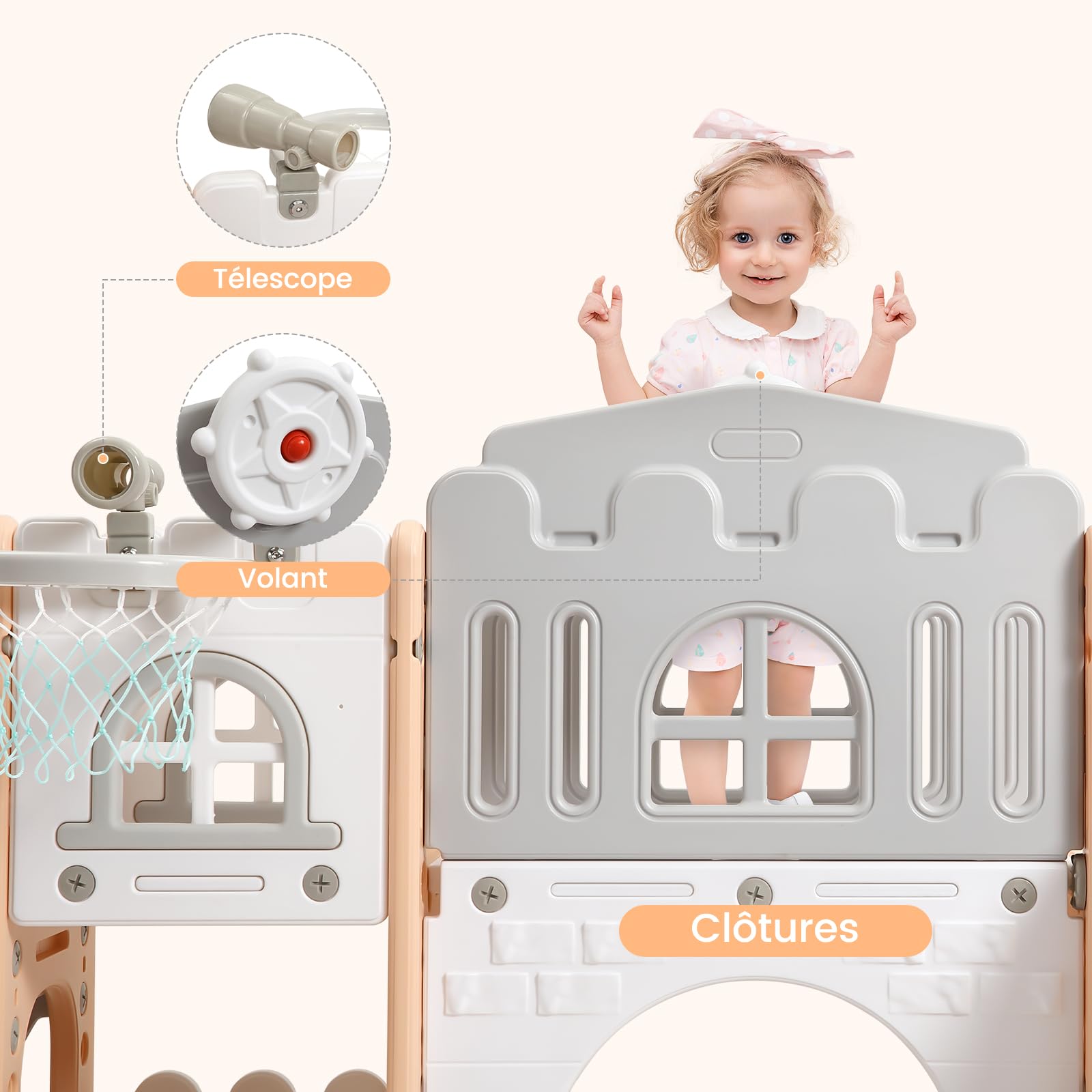 Toboggan 8 en 1 Enfant Extérieur Intérieur Aire De Jeux Évolutif Bébé 1-3 Ans，avec Espace De Cache-Cache, Échelle d'escalade Panier De Basket, Télescope Tunnel De Jeu Ensemble De Jeux Ludique
