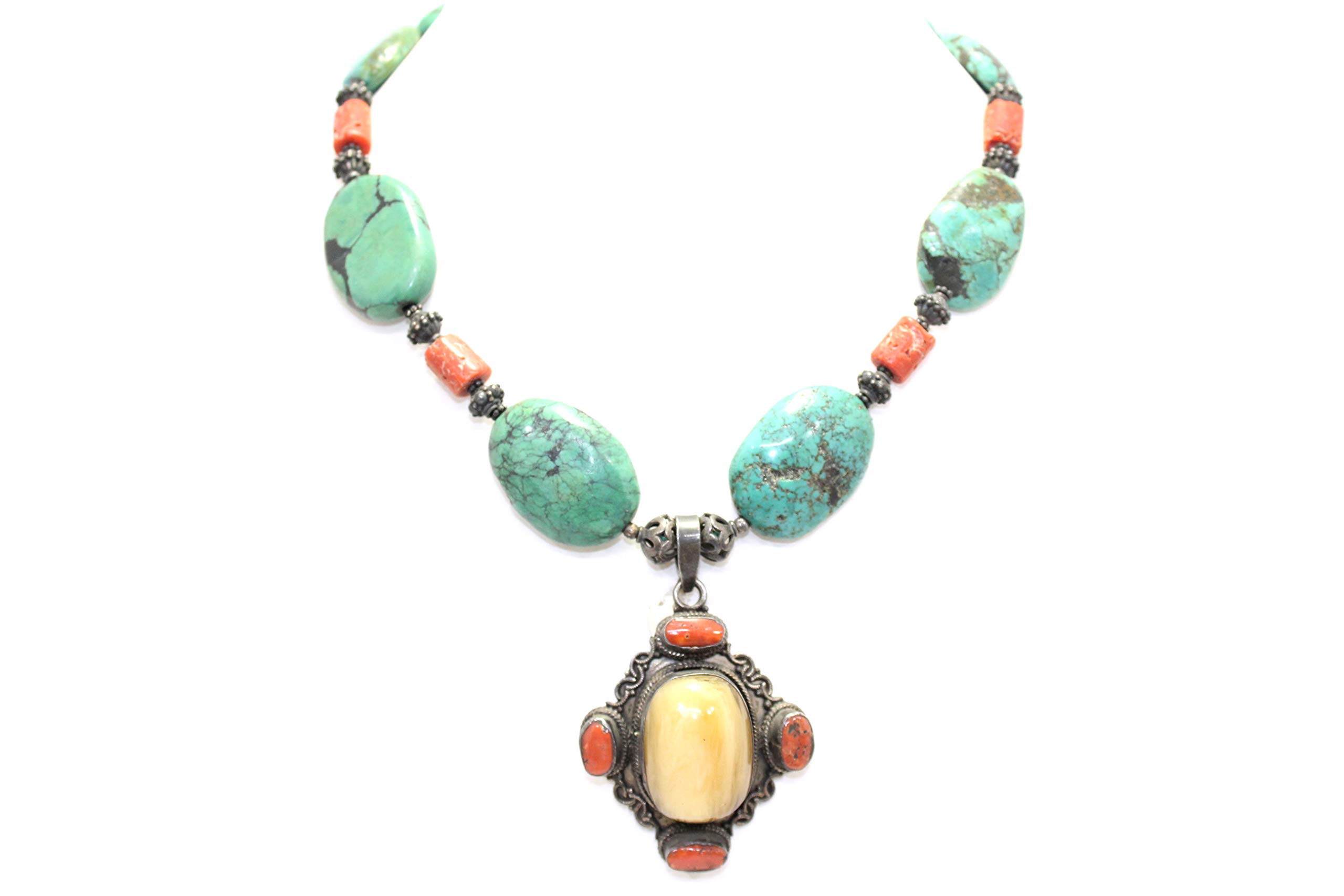 Rajasthan Gems - Collana tibetana fatta a mano, in argento Sterling, giada naturale, turchese e pietra corallo B