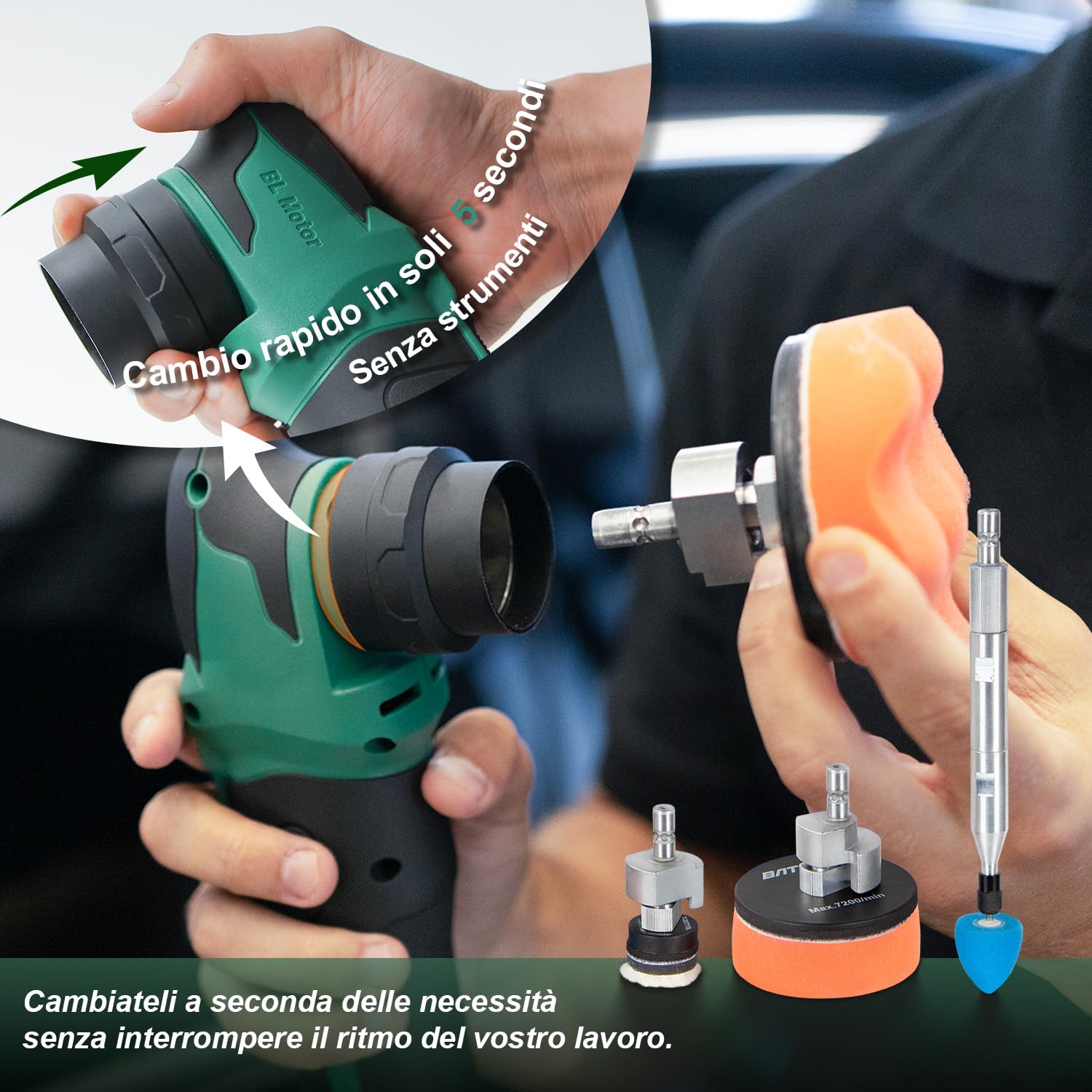 BATOCA S4 Lucidatrice professionale Batteria,Rotativa Orbitale,25mm/75mm Tamponi,Lucidatrice per Auto,Kit Lucidatura Multiuso,Motore Senza Spazzole,2 Batterie 12V 2.5Ah,4 Velocità 2000-5500RPM
