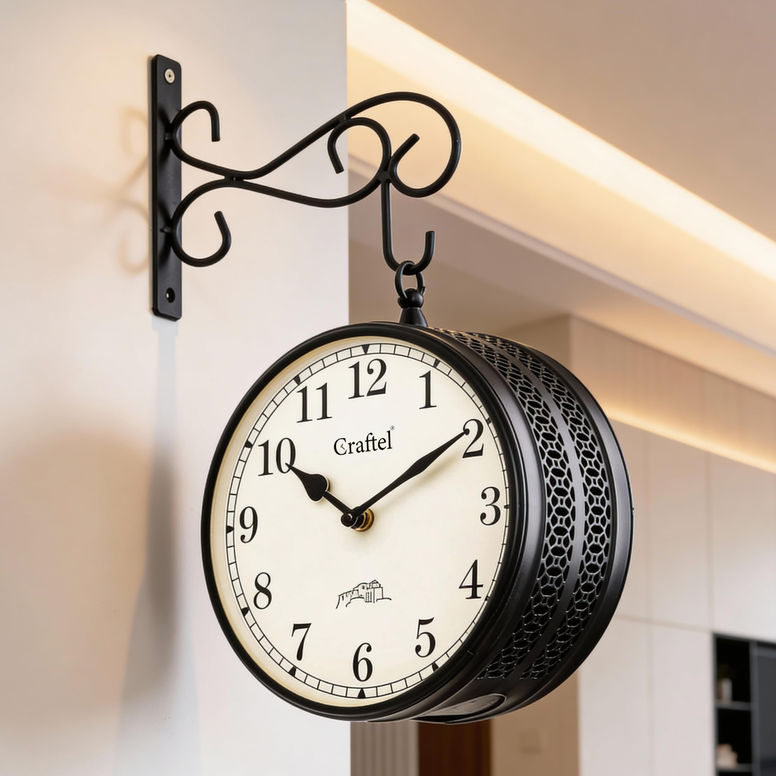 CRAFTEL Classic English Dial Double Sided Station Wall Clock | English & Roman Numerals | Powder Coated | Aluminum Matte Dial Brass Body | Dial - 8 Inches, Matte Black | 365 Days Warranty