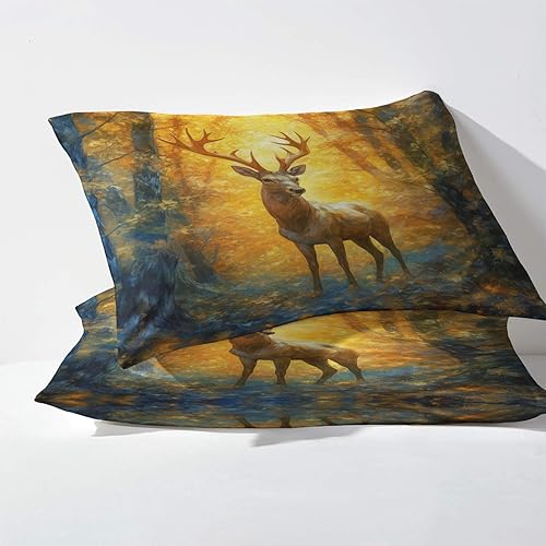 Miniatura 3 de Sábanas de ciervo tamaño Queen, sábanas de animales, sábanas y fundas de almohada estampadas de 4 piezas, sábana bajera ajustable de microfibra