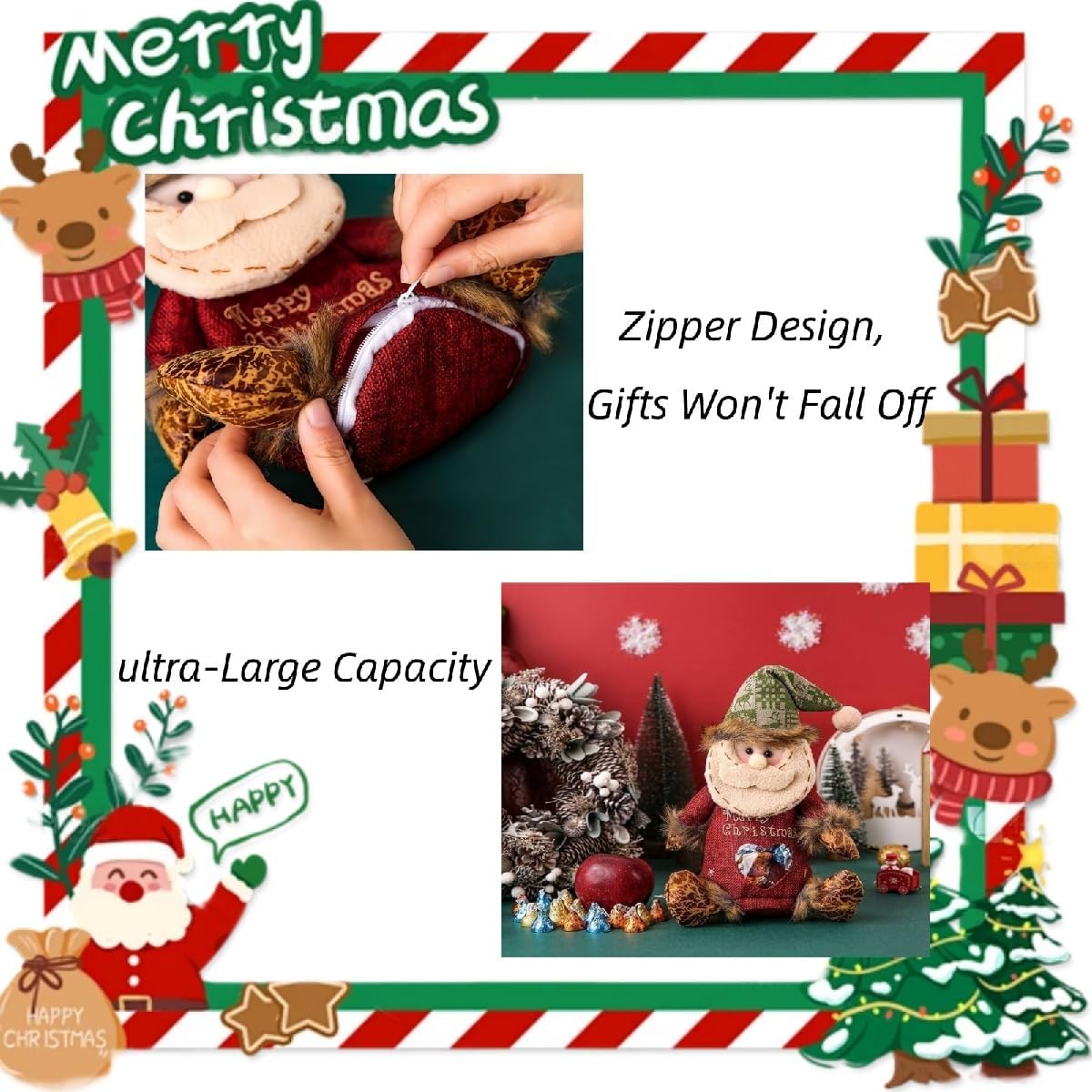 Christmas Gift Bags Zipper Design,Christmas Bags for Gifts,Reusable ChristmasZipper Gift Bags,Large Fabric Gifts Bags,Santa Snowman Style for Presents Candy Fruit (Elk & Snowman & Santa Claus)