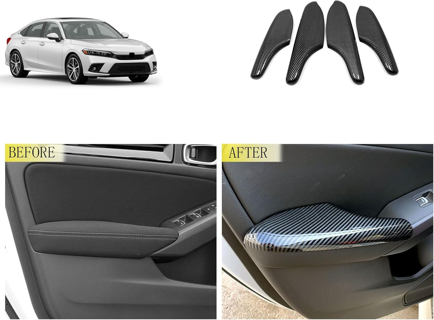 Inner Door Panel Decoration Compatible With Honda Civic 11TH GEN 2026 2025 2024 2023 2022 Door Panel Armrest Half-coverage Cover Trims Interior Car Accessories ABS 4PCS(Carbon Fiber Style)