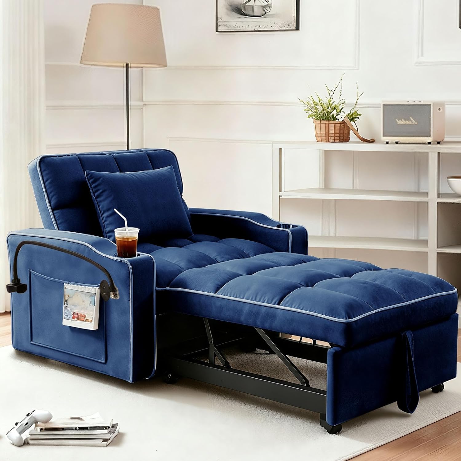 Sleeper Chair, Convertible Pull Out Chair Sleeper with Bracket and Cup Holder, Chairs Bed Sleepers for Adults, 3 in 1 Sofa Bed Chairs for Small Spaces, Living Room, Blue