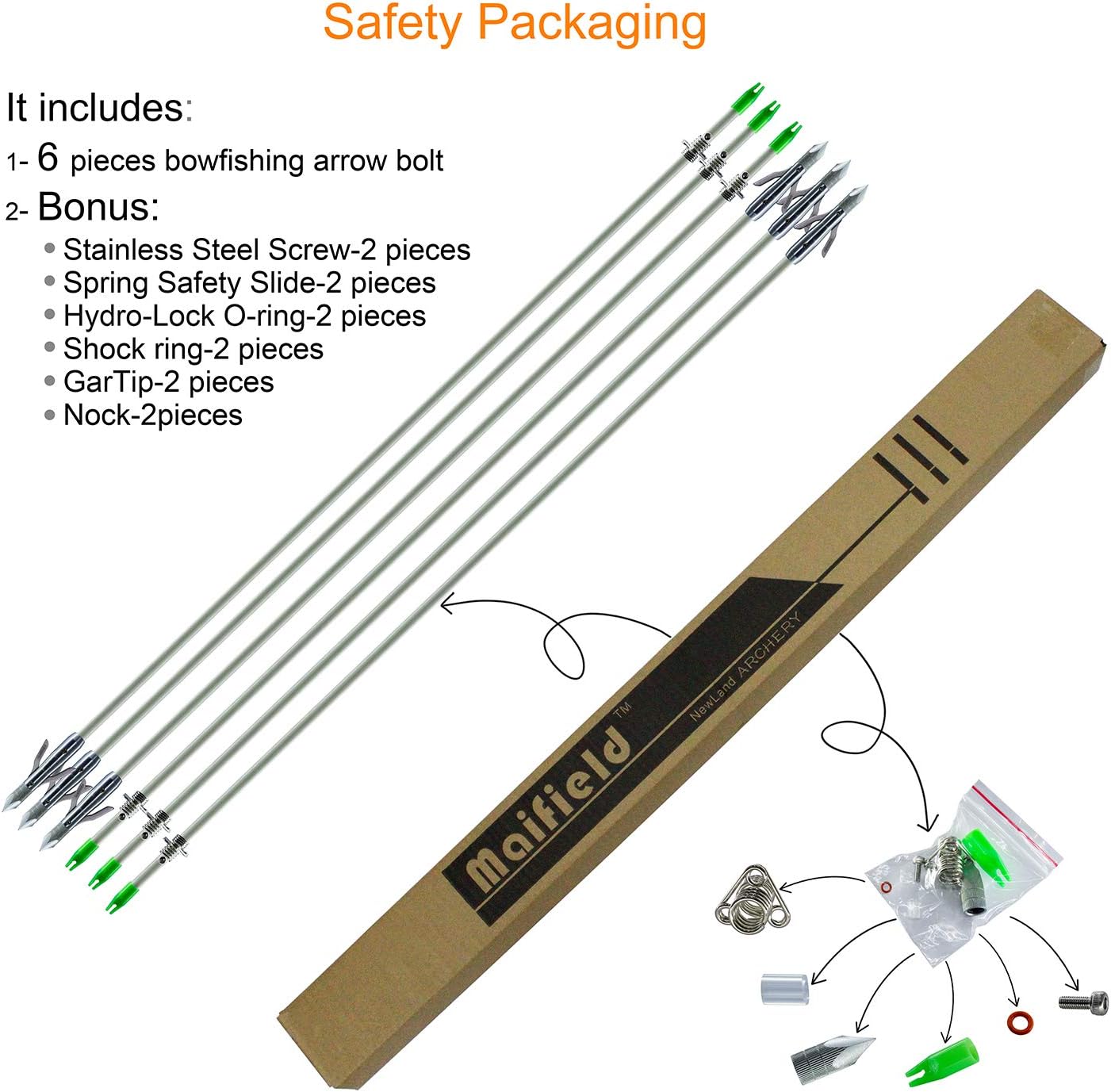 maifield Bowfishing Head Carbon/Glass-Fiber Arrow Shafts 2 Mechanical Barbs 2.5" Holding Area Archery Broadhead Fits 5/16" Fiberglass Arrow Shaft 3/6 PK