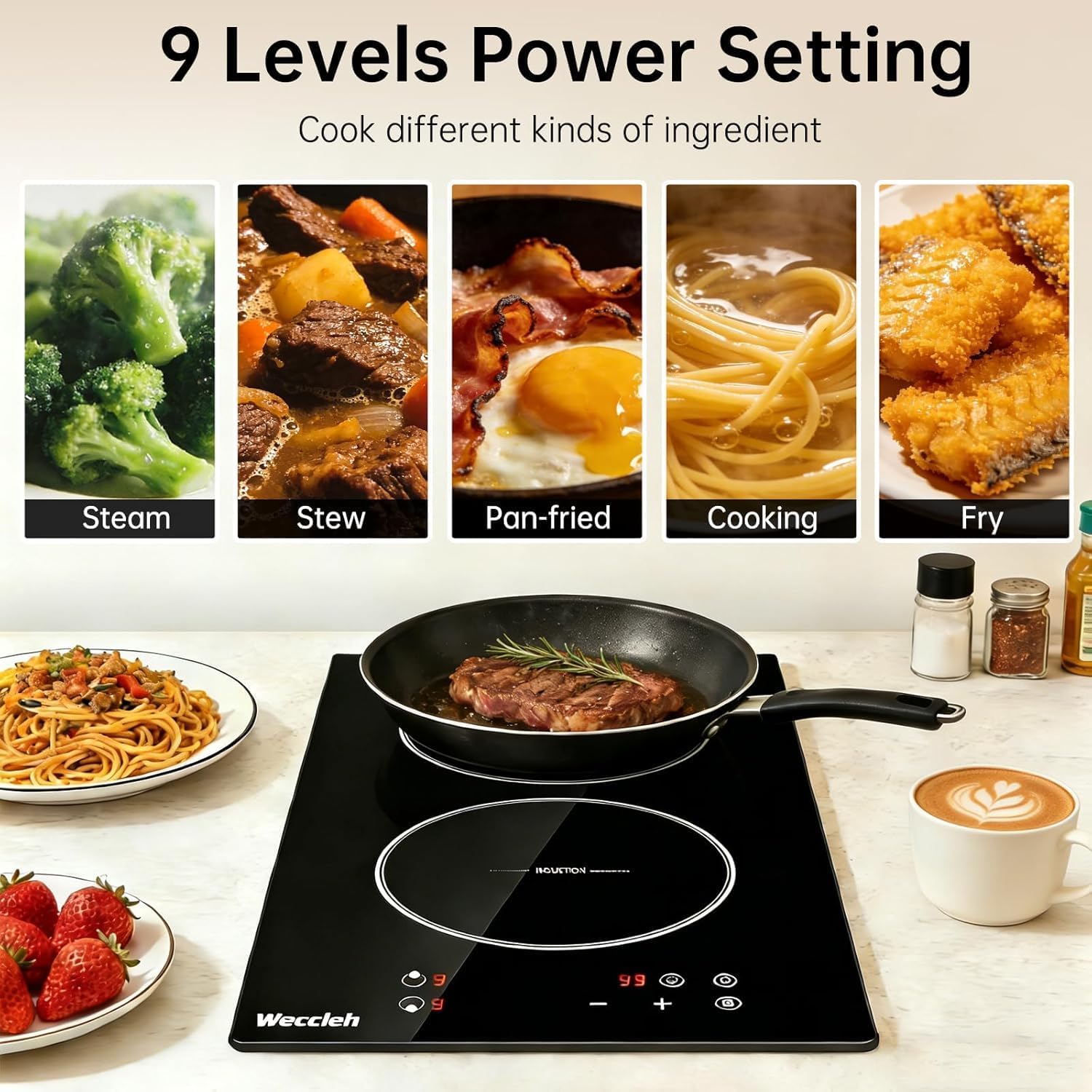 12 Inch Induction Cooktop Double Burners Stove top Boost Induction Hob Cooktop with 9 Power Levels, Child Safety Lock,Timer, 220-240V for RV, Apartment, Compact Kitchen
