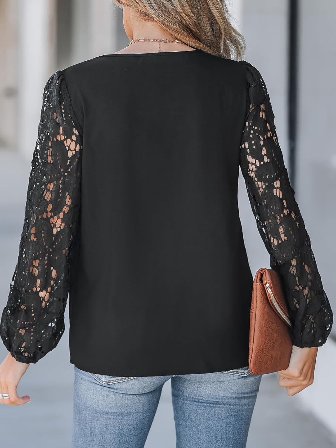 CUPSHE Women Lace Elegant Blouse Long Sleeve Eyelet V Neck Dressy Party Floral Tops Scalloped V Neck - Image 2