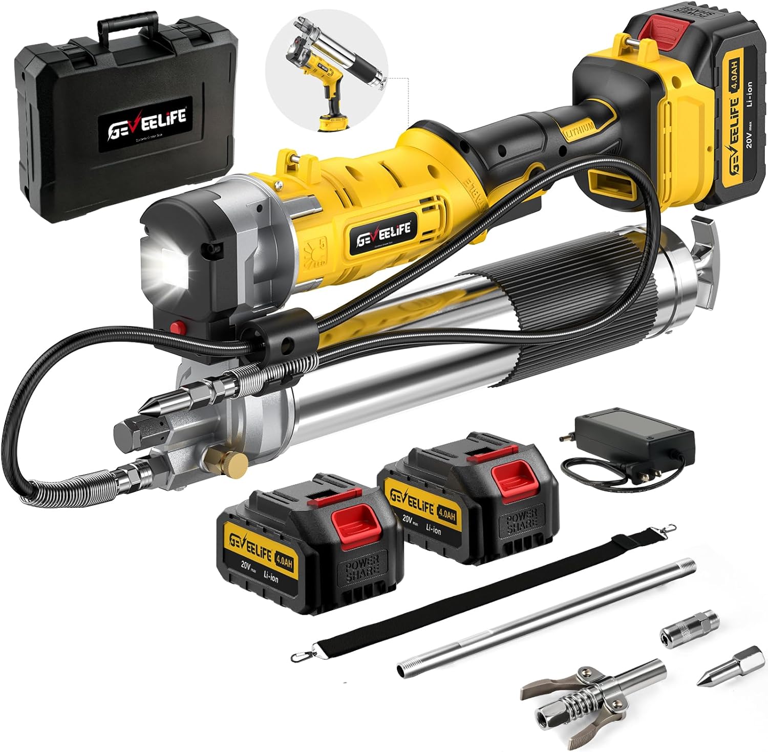 GEVEELIFE Electric Grease Gun -2025 Upgraded 2-in-1 Design with 2×4000mAh Batteries, Fast Charger & 90° Swivel Coupler, 12,000 PSI - Works with Bulk & Cartridge Grease for Farm, Truck, Construction