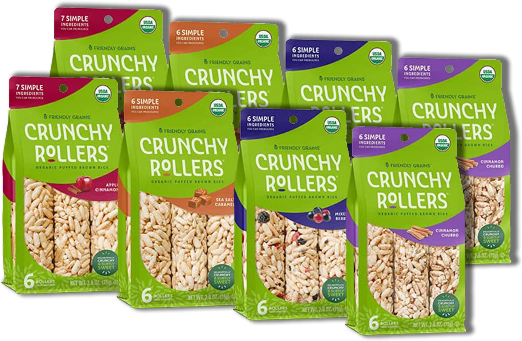 Variety Pack Crunchy Rice Rollers – Friendly Grains - Delicious Crispy Puffed Gluten-Free Brown Rice Cakes – Healthy Snacks for Adults and Kids – Tasty, Nutritious Alternative to Chips (8 Packs of 6)