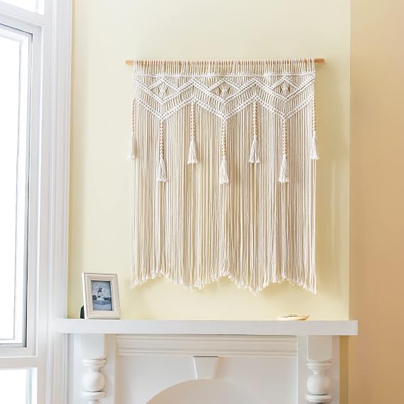 Mkono Macrame Wall Hanging Large Boho Decor Woven Wall Tapestry Chic Art Tassel Christmas Decoration for Backdrop over Bed Bedroom Nursery Dorm Classroom, Including Hanging Rod, 33''W x 42''H