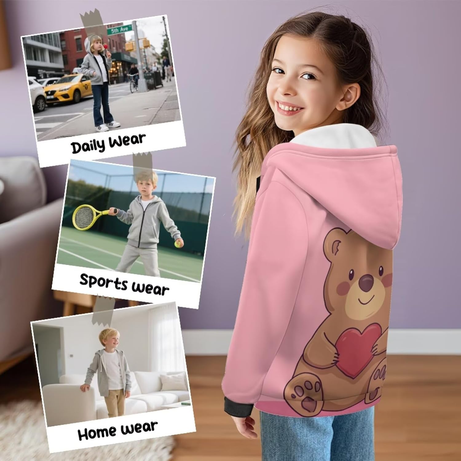 Cute Animal Patterns Girls Zip Hoodie Soft Long Sleeve Running Pullover Hooded Sweatshirt with Pockets