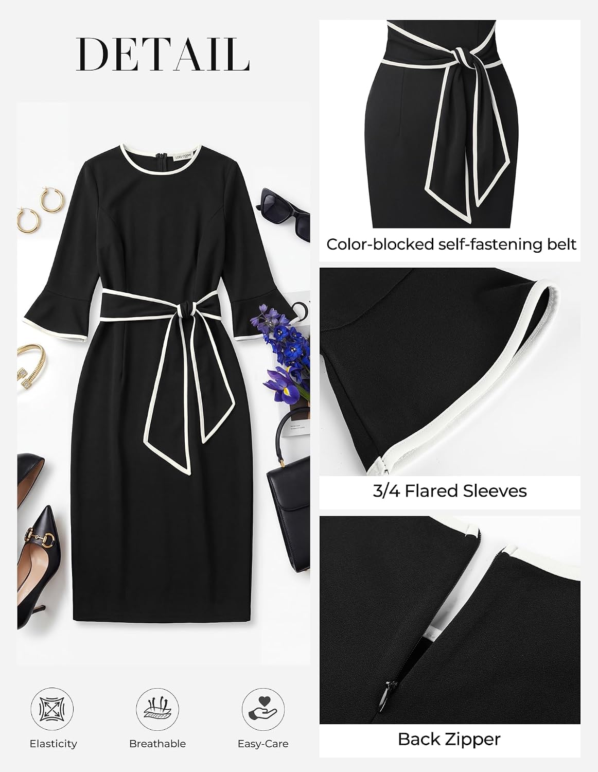 GRACE KARIN 3/4 Sleeve Bodycon Office Work Midi Pencil Dress | Sheath,Crew Neck,Knee Length,Color Block with Belt,Suitable for Church/Business Casual/Semi Formal/Professional/Cocktail